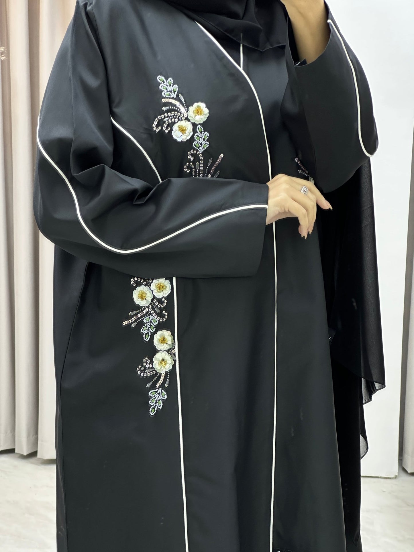 C Bridal Satin Floral Sequins Abaya Set