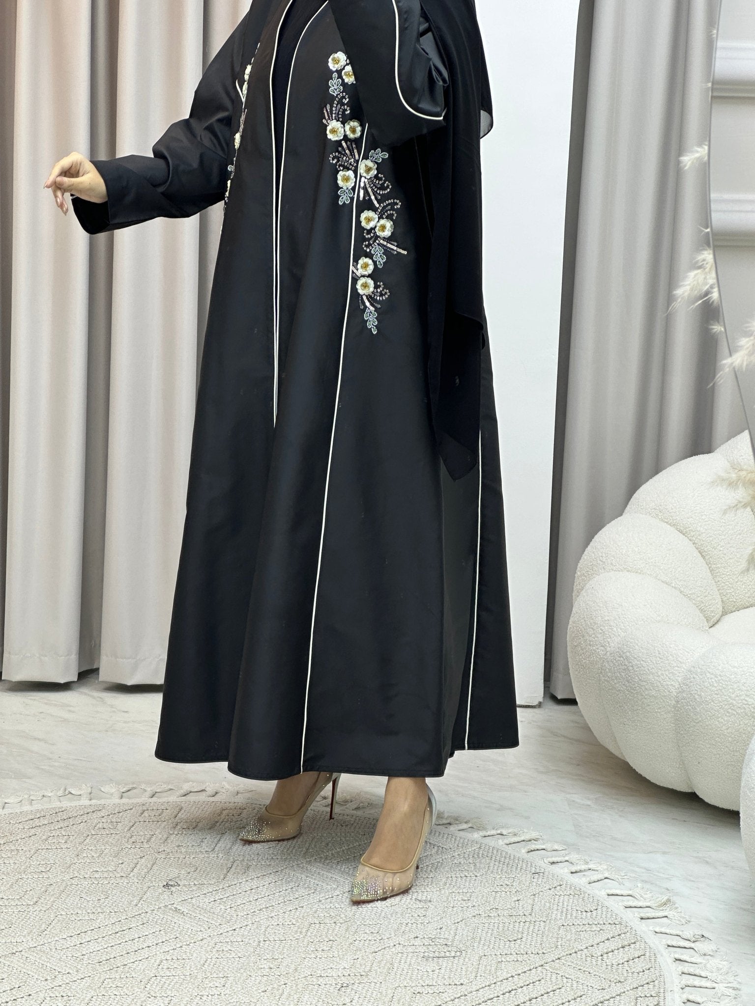 C Bridal Satin Floral Sequins Abaya Set