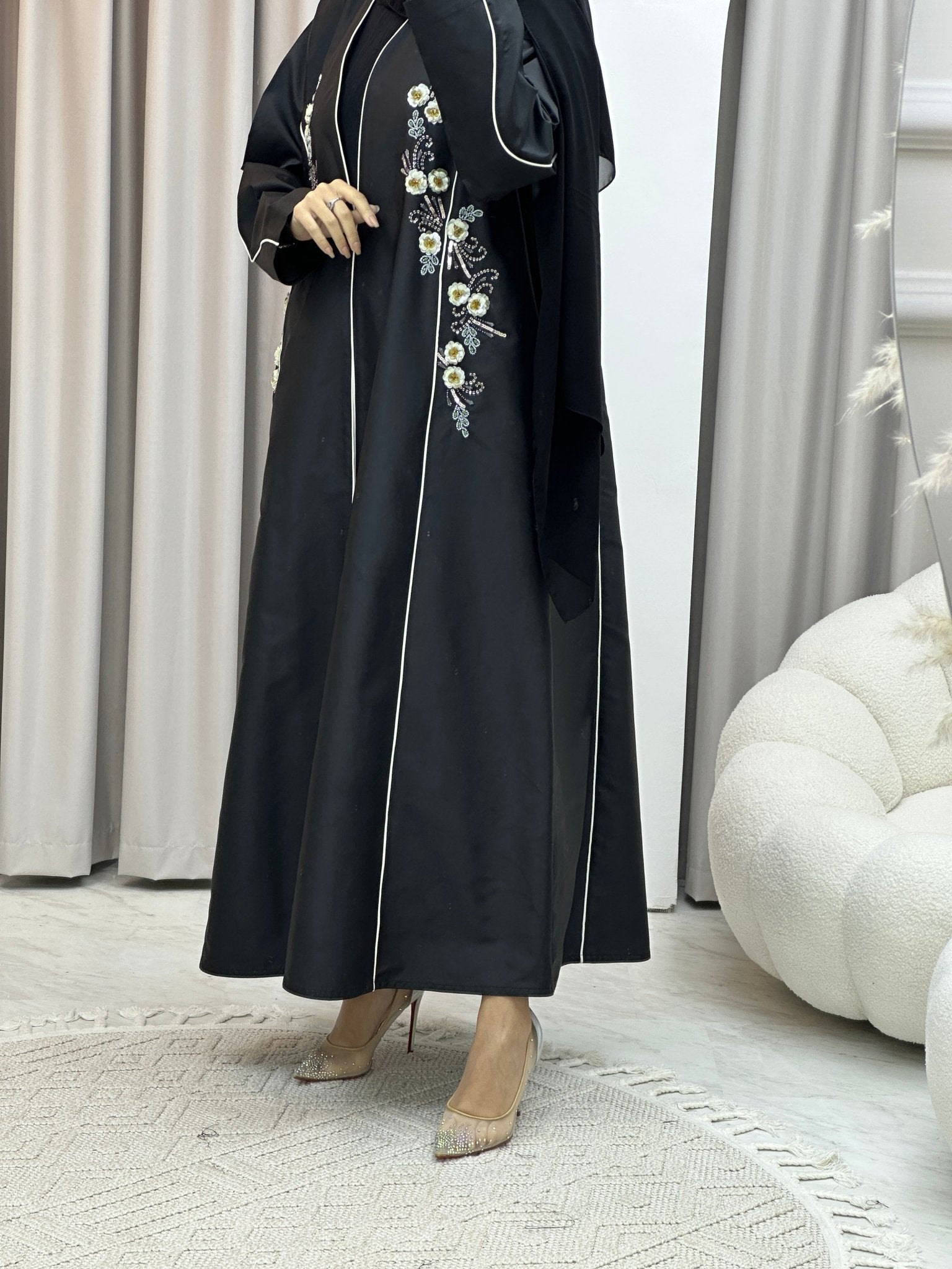 C Bridal Satin Floral Sequins Abaya Set