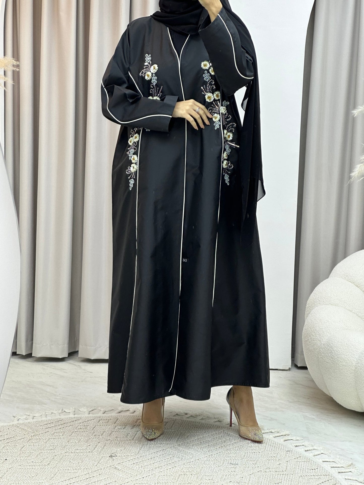 C Bridal Satin Floral Sequins Abaya Set