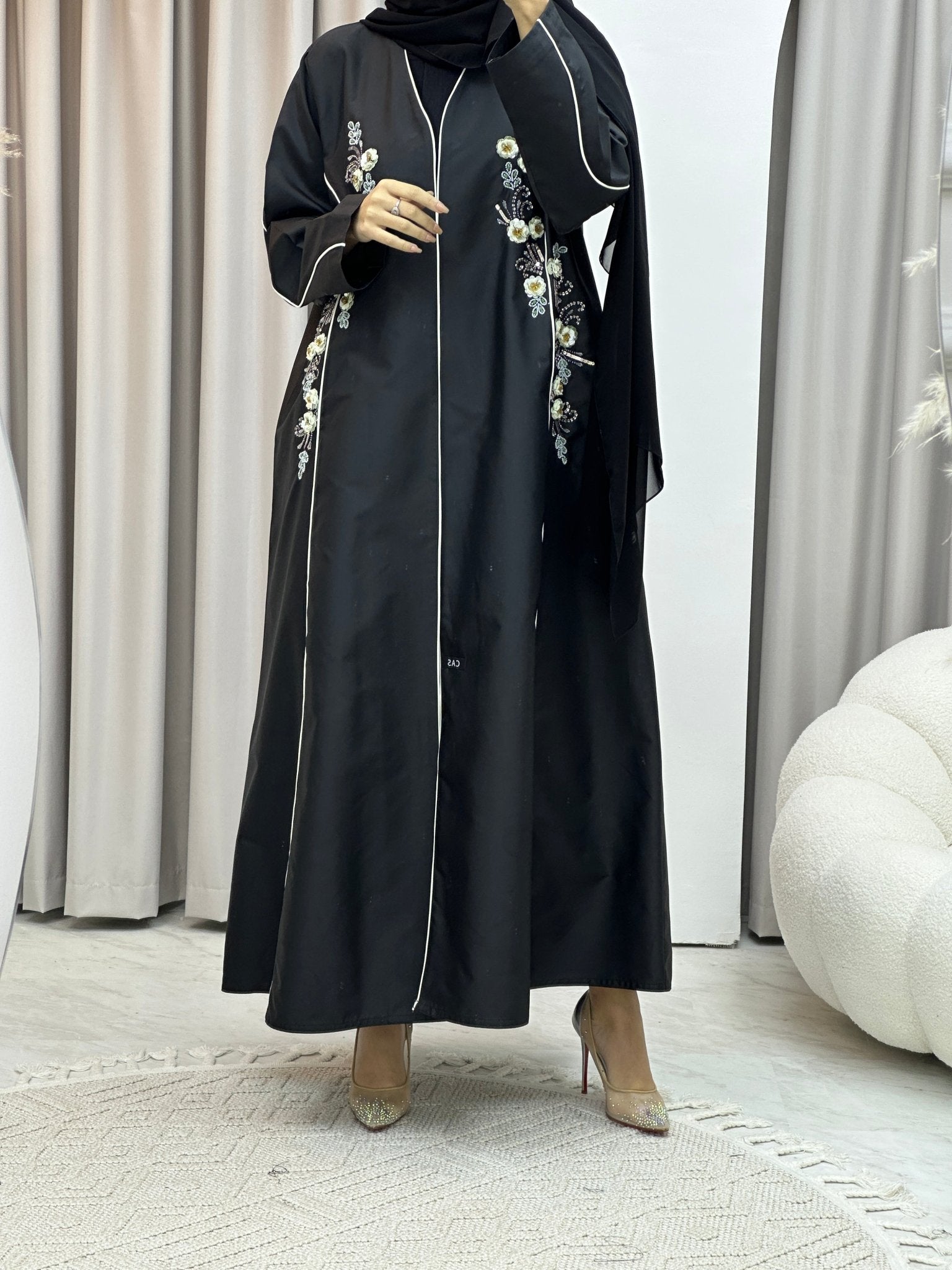 C Bridal Satin Floral Sequins Abaya Set