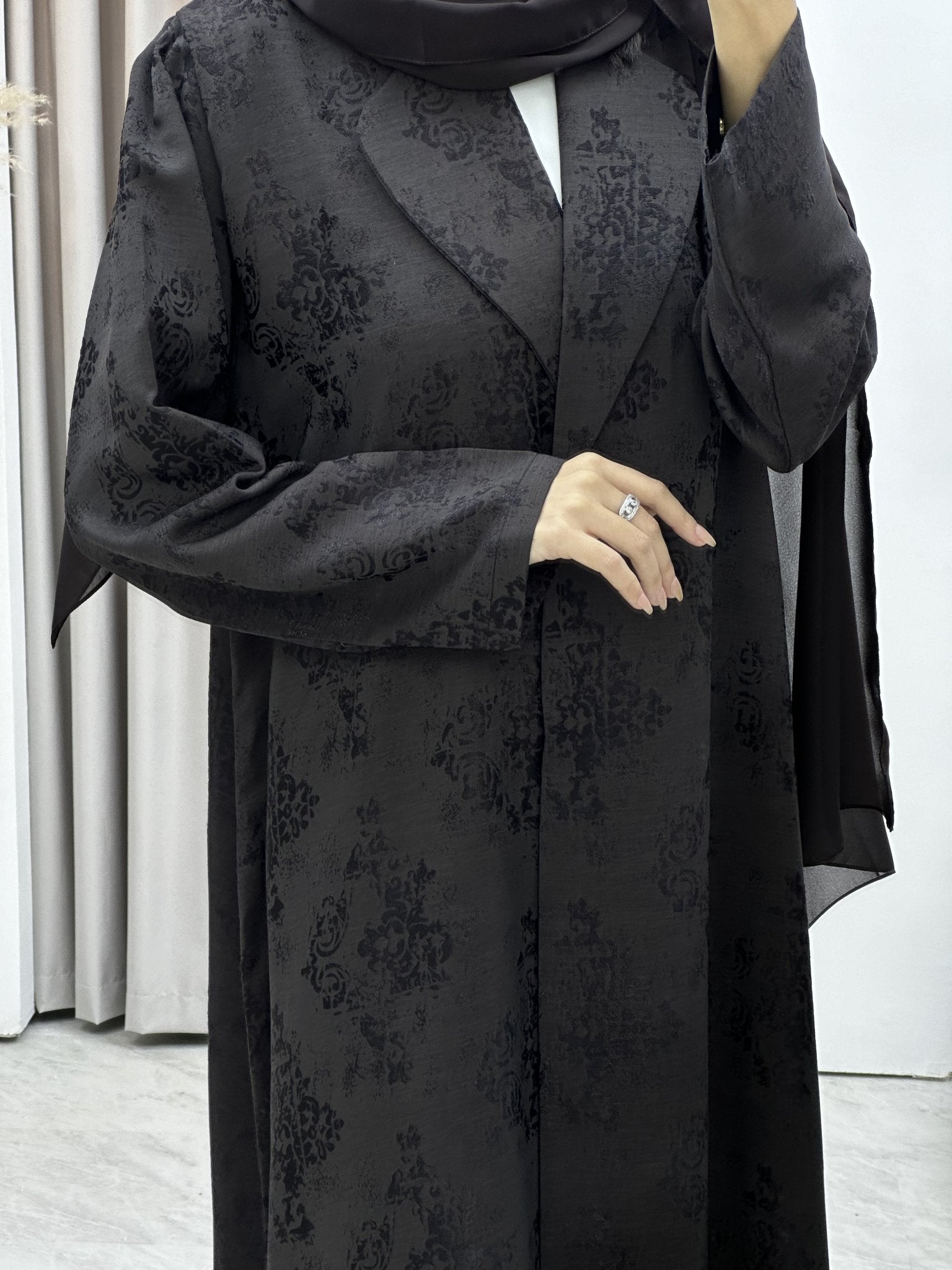 C Brown Floral Print Coat Abaya Set