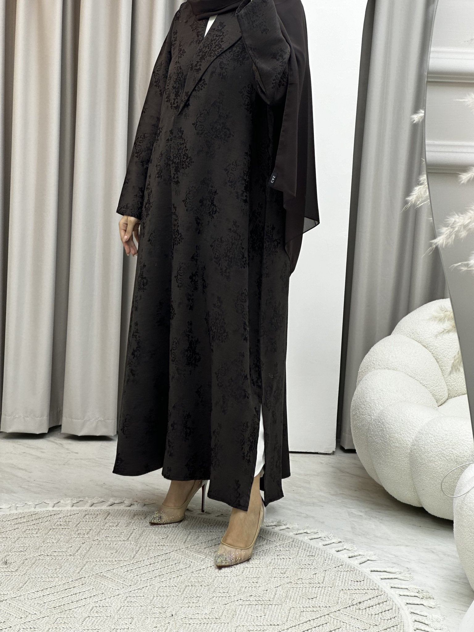 C Brown Floral Print Coat Abaya Set