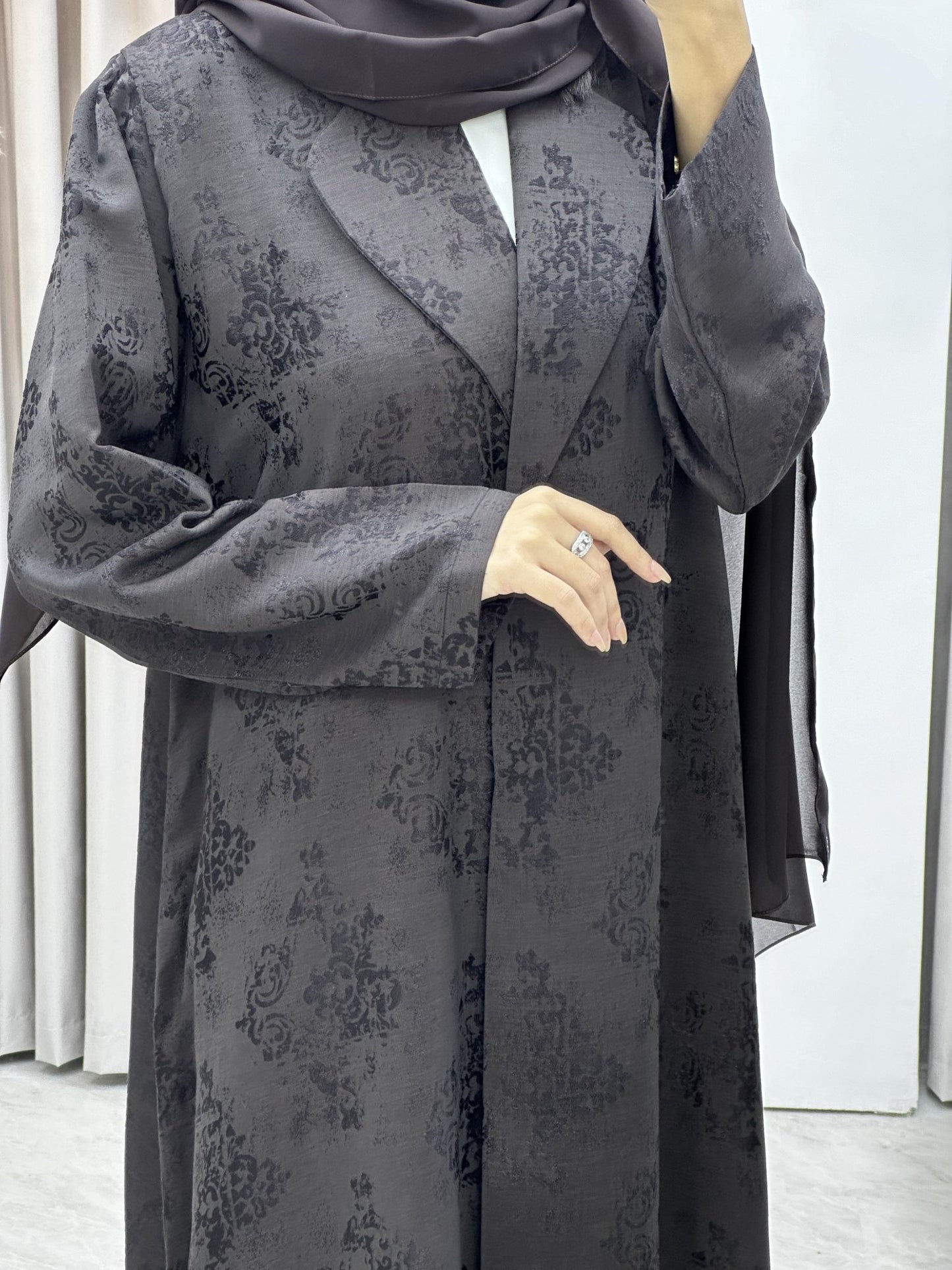 C Brown Floral Print Coat Abaya Set