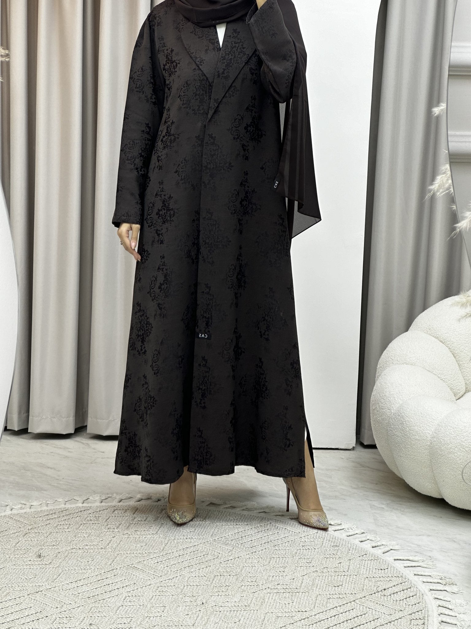 C Brown Floral Print Coat Abaya Set