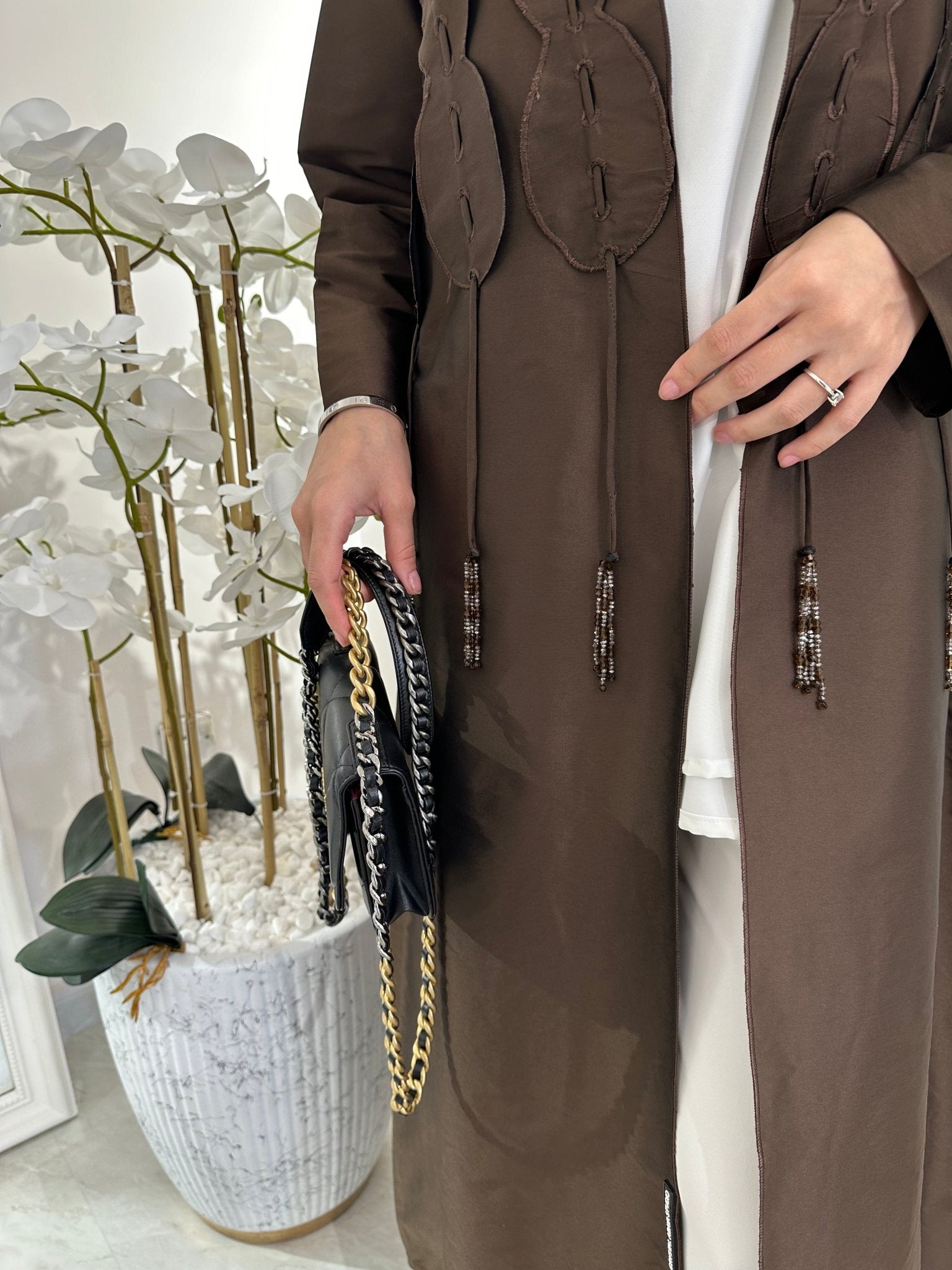 C Brown Tafetta Tassel Eid Abaya