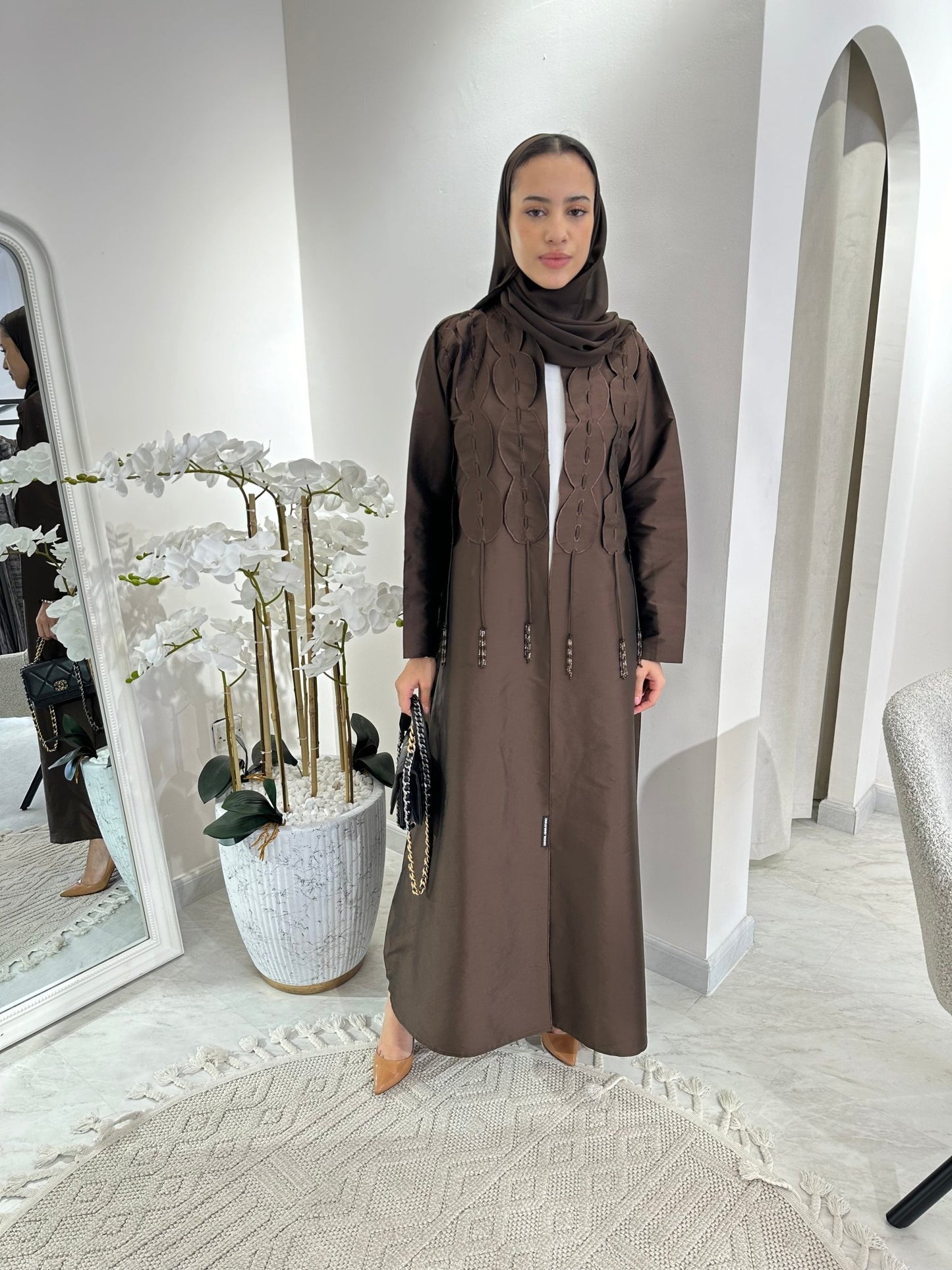 C Brown Tafetta Tassel Eid Abaya