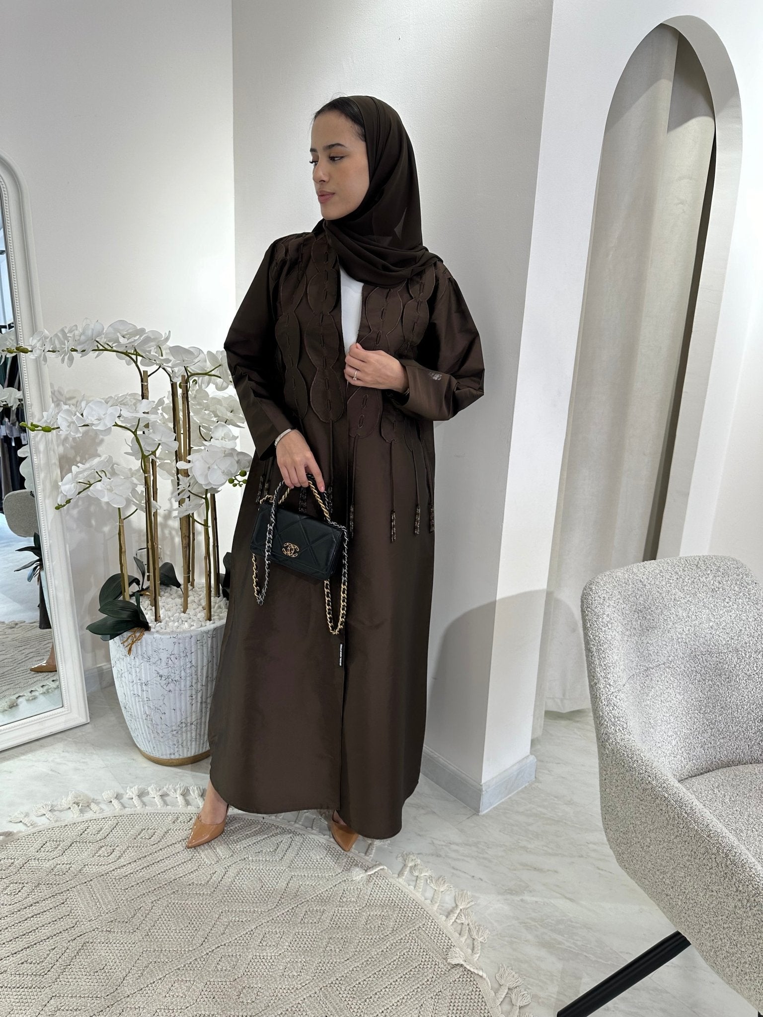 C Brown Tafetta Tassel Eid Abaya