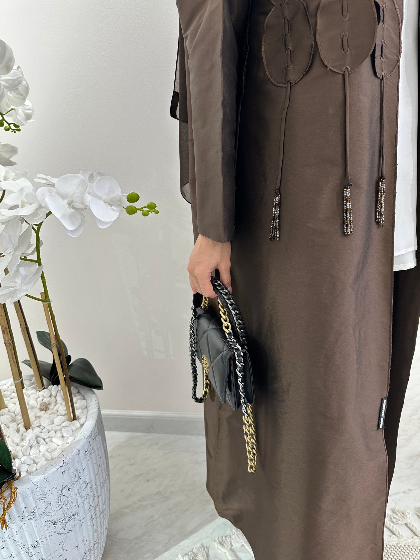 C Brown Tafetta Tassel Eid Abaya