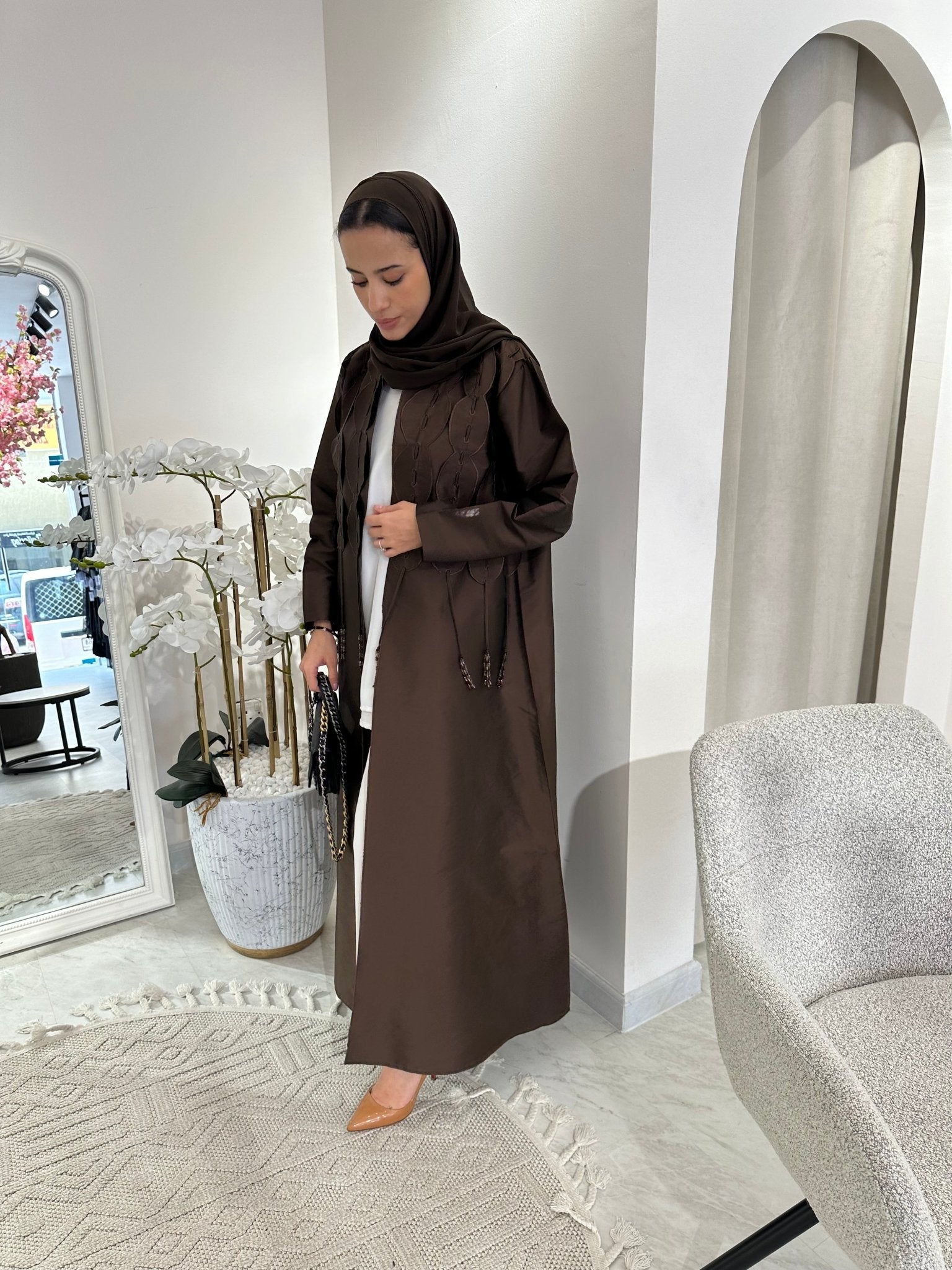 C Brown Tafetta Tassel Eid Abaya