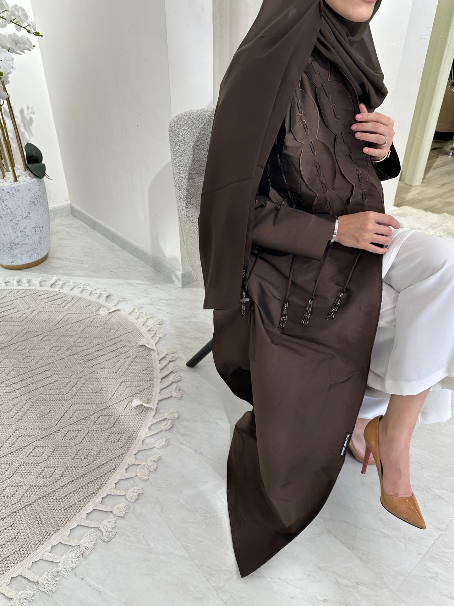 C Brown Tafetta Tassel Eid Abaya