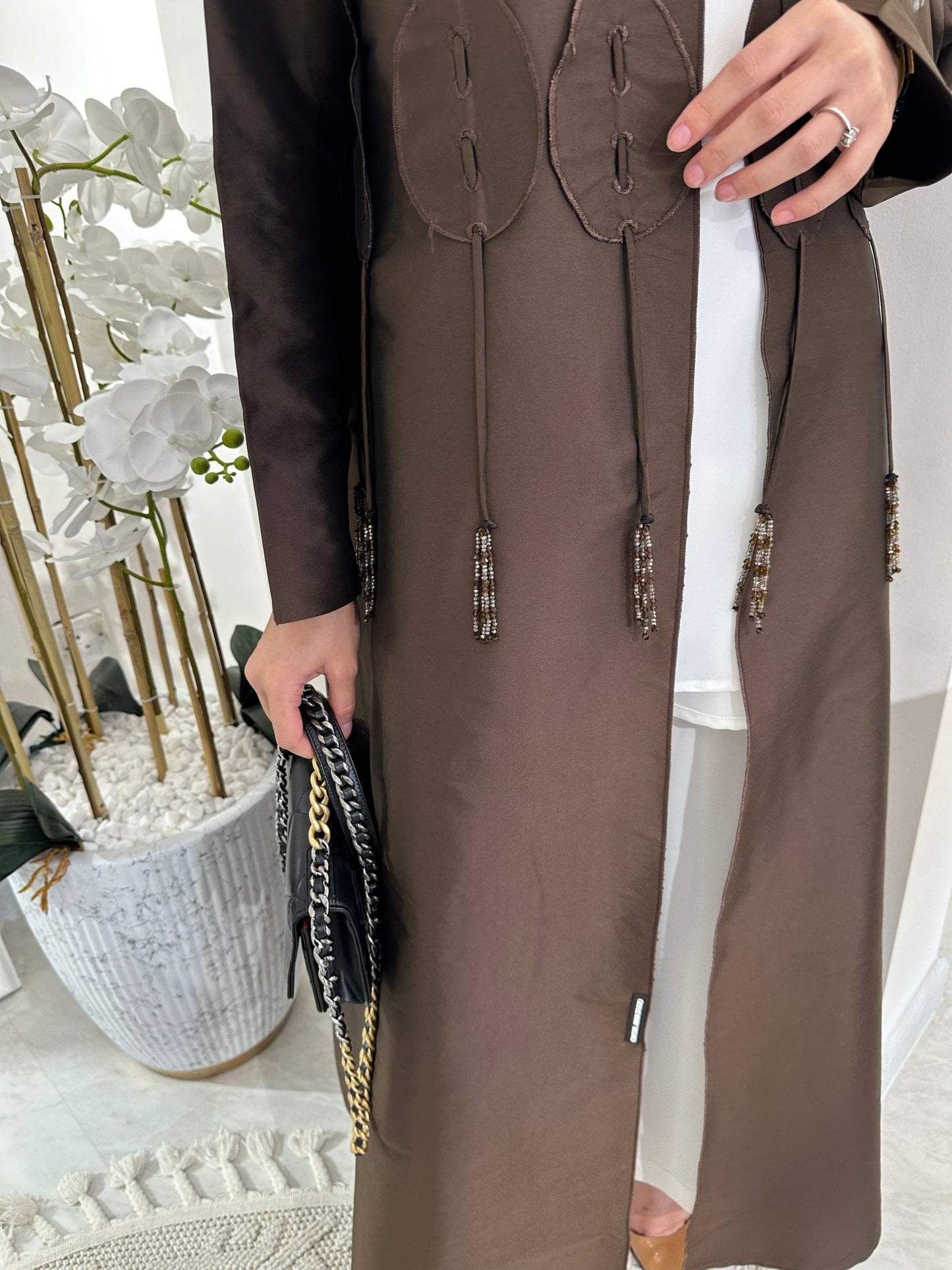 C Brown Tafetta Tassel Eid Abaya