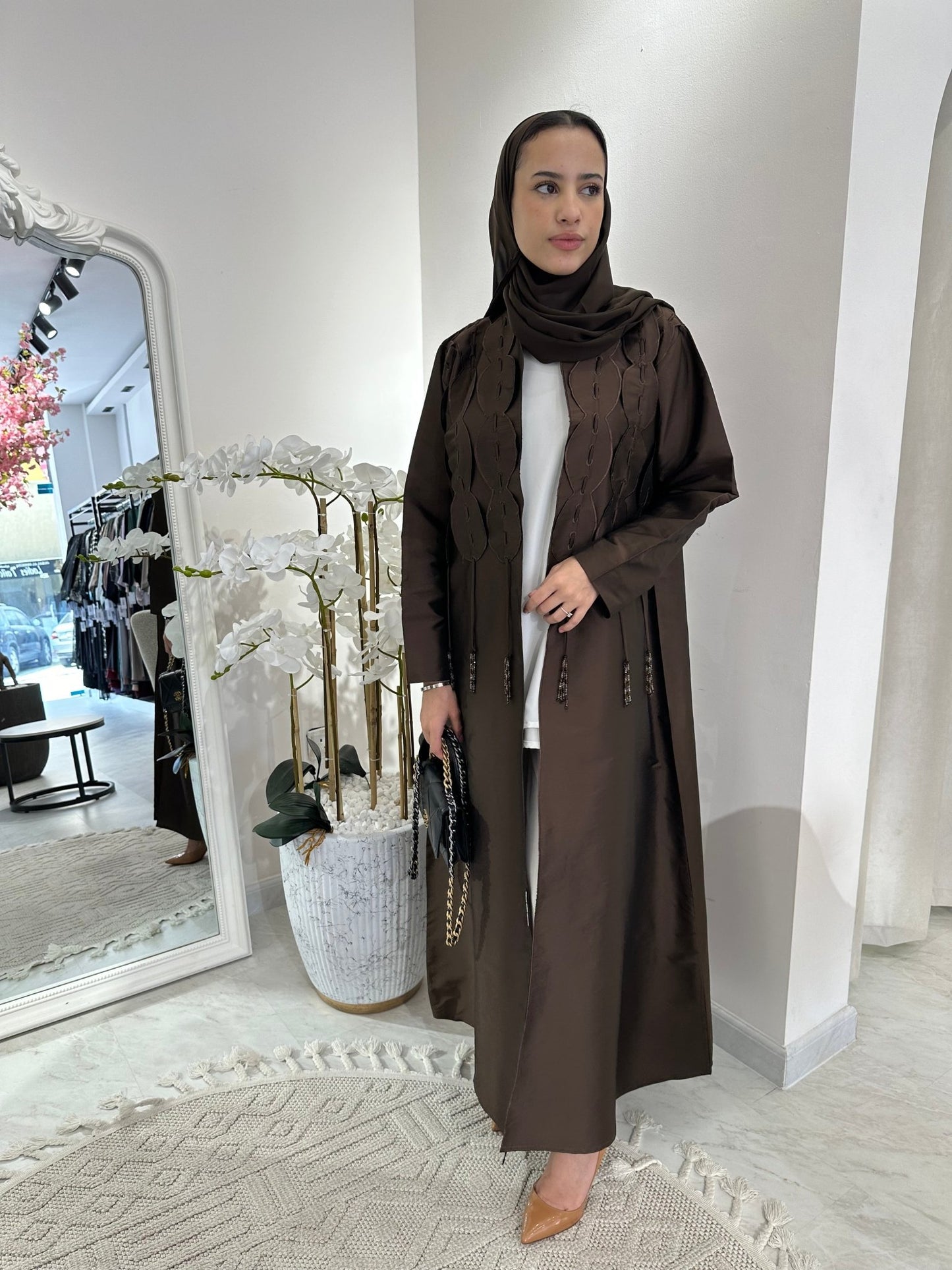 C Brown Tafetta Tassel Eid Abaya