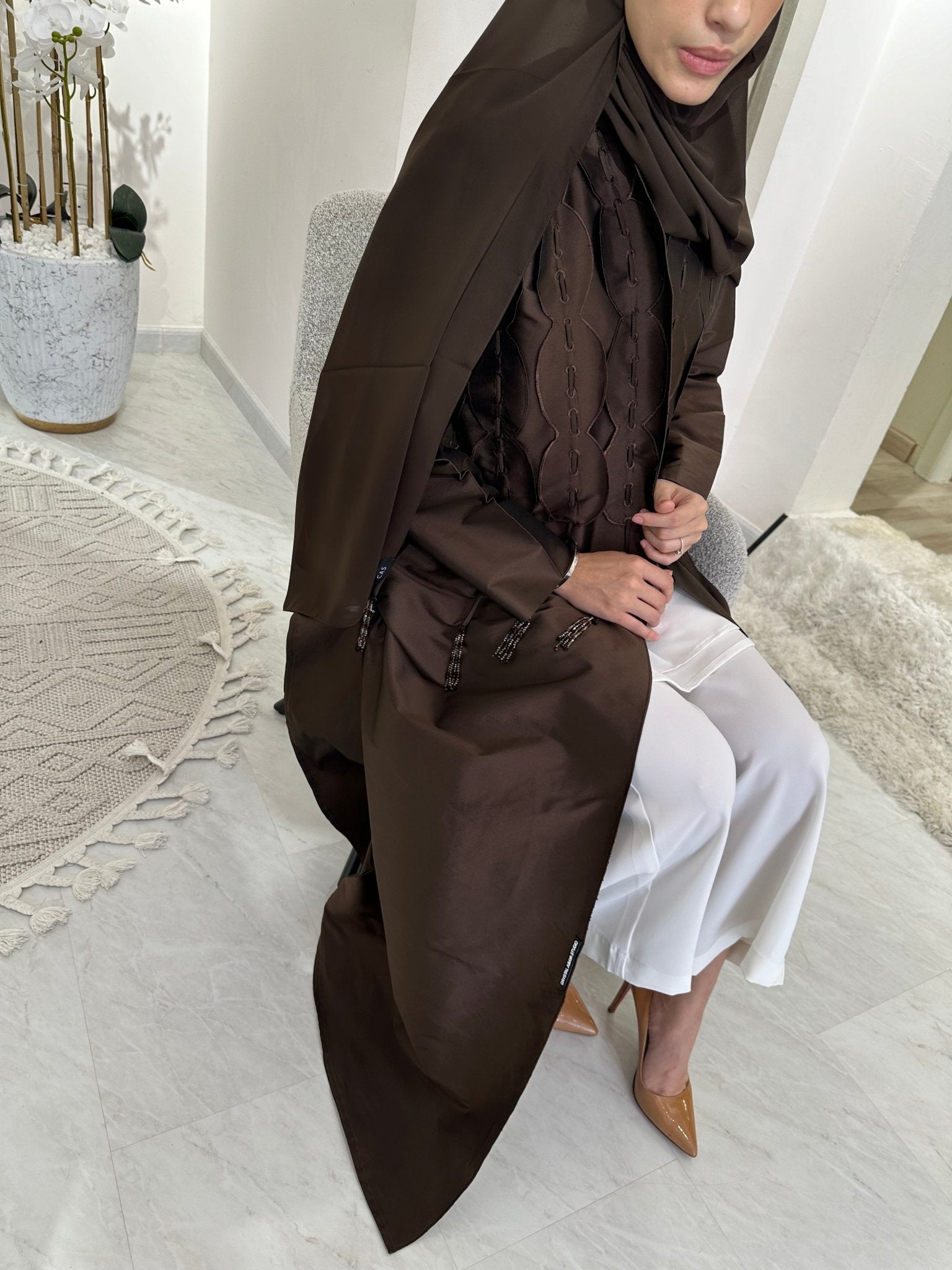 C Brown Tafetta Tassel Eid Abaya