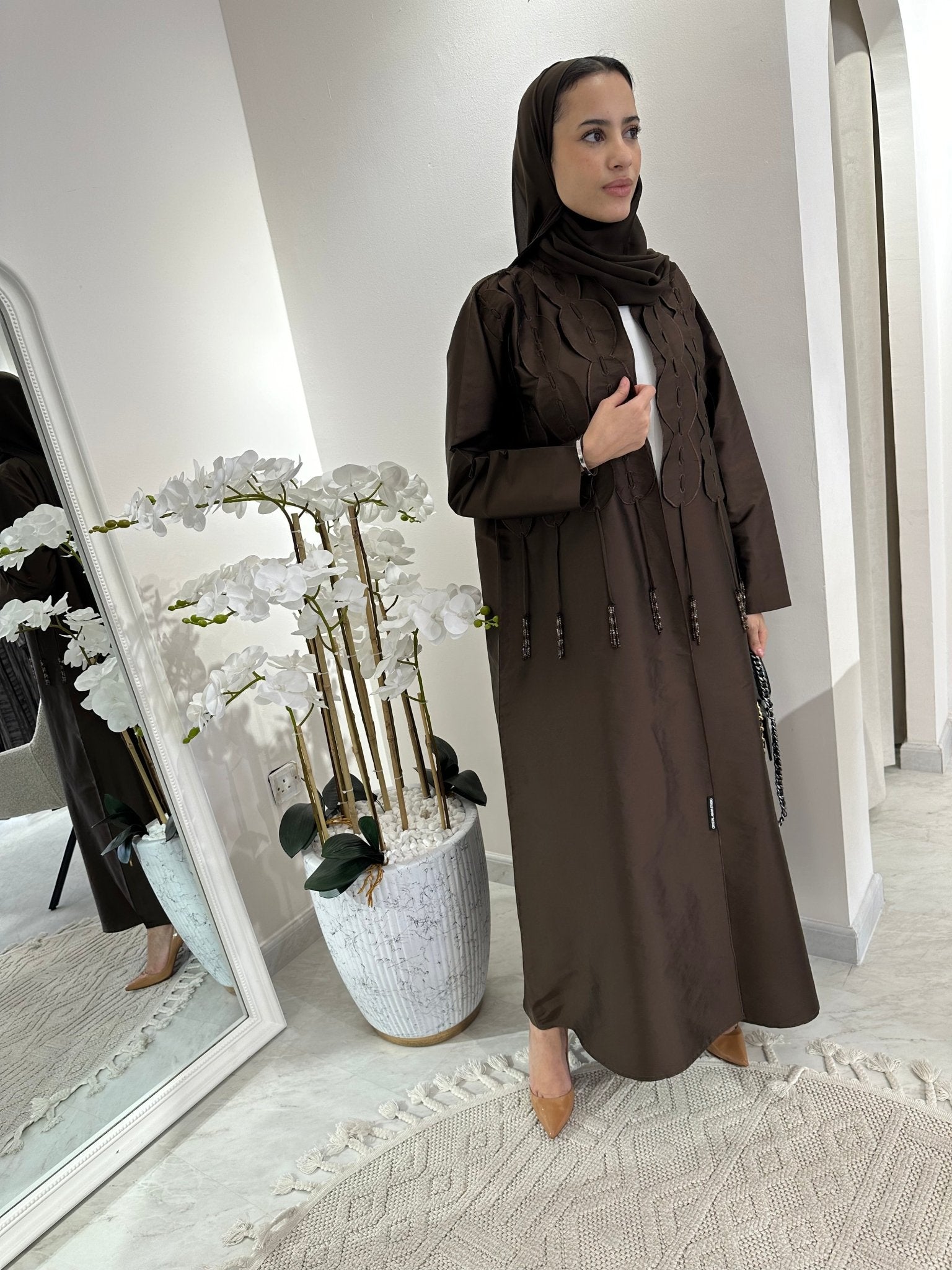 C Brown Tafetta Tassel Eid Abaya