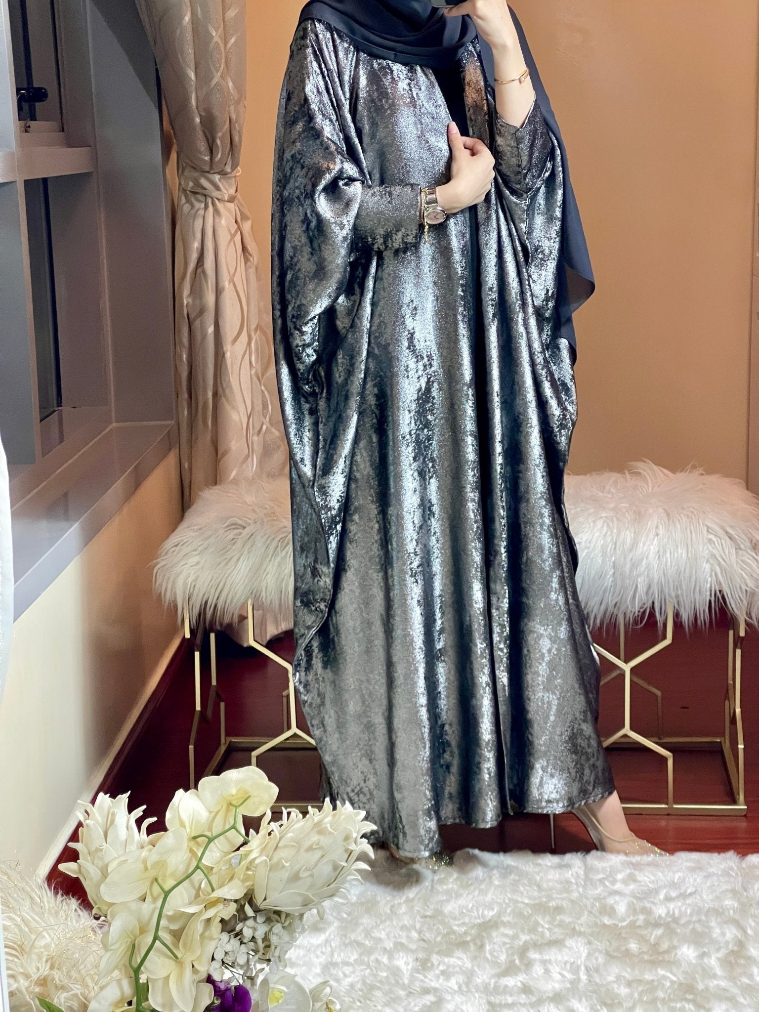 C - CharcoalBlack - Shimmer - Bisht - Abaya