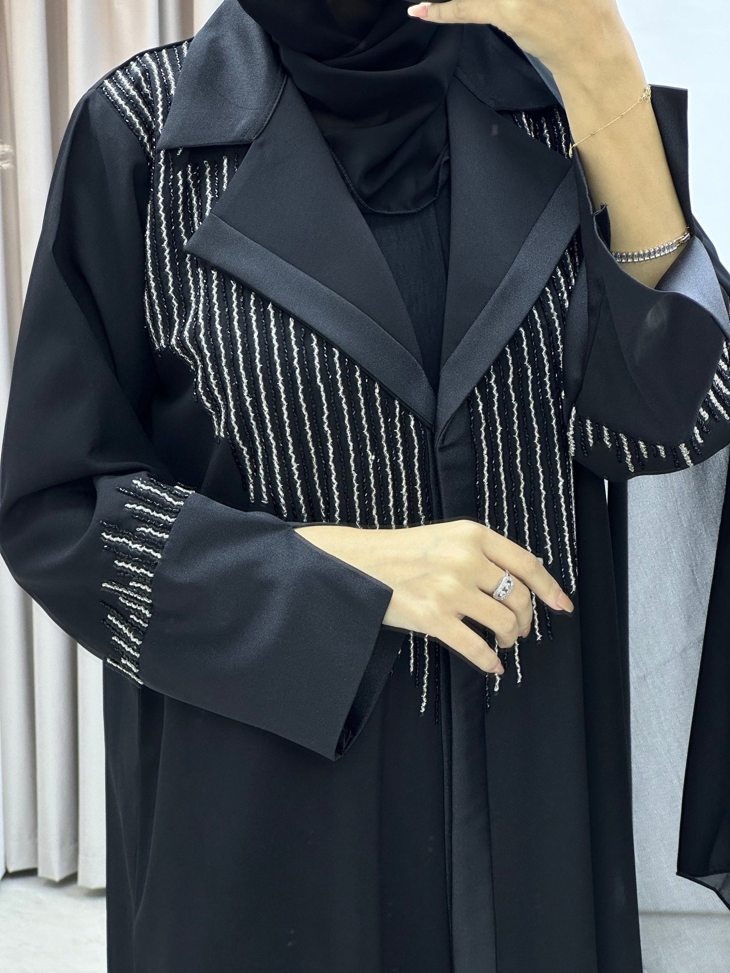 C Coat Black Silver Abaya Set