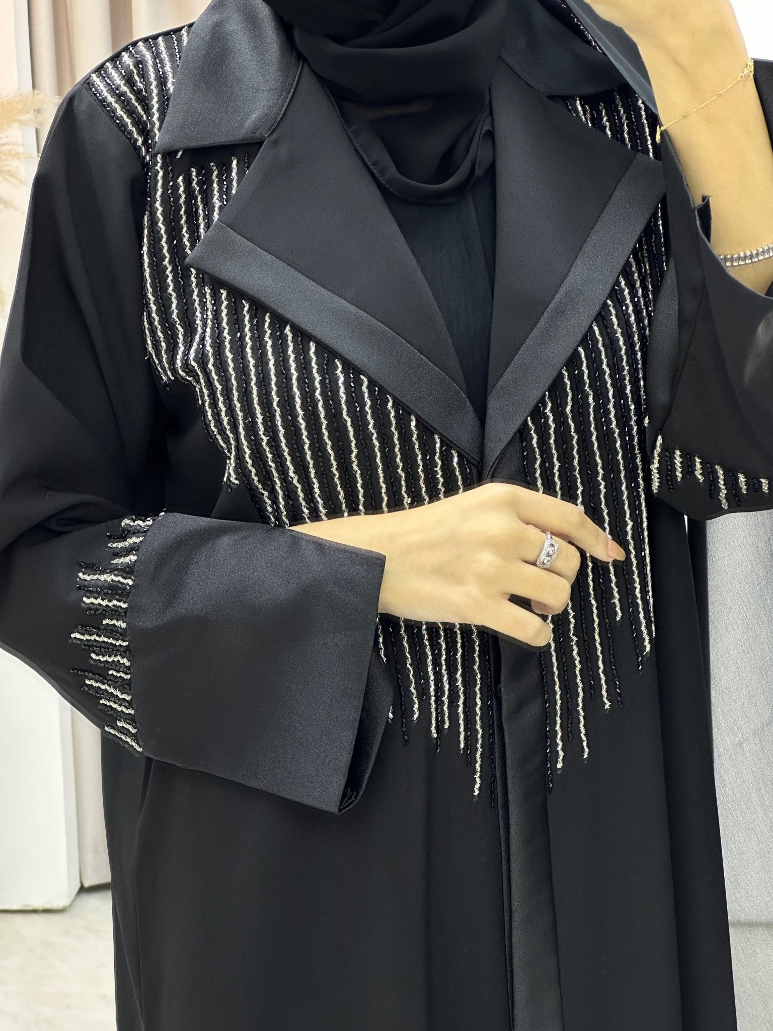 C Coat Black Silver Abaya Set