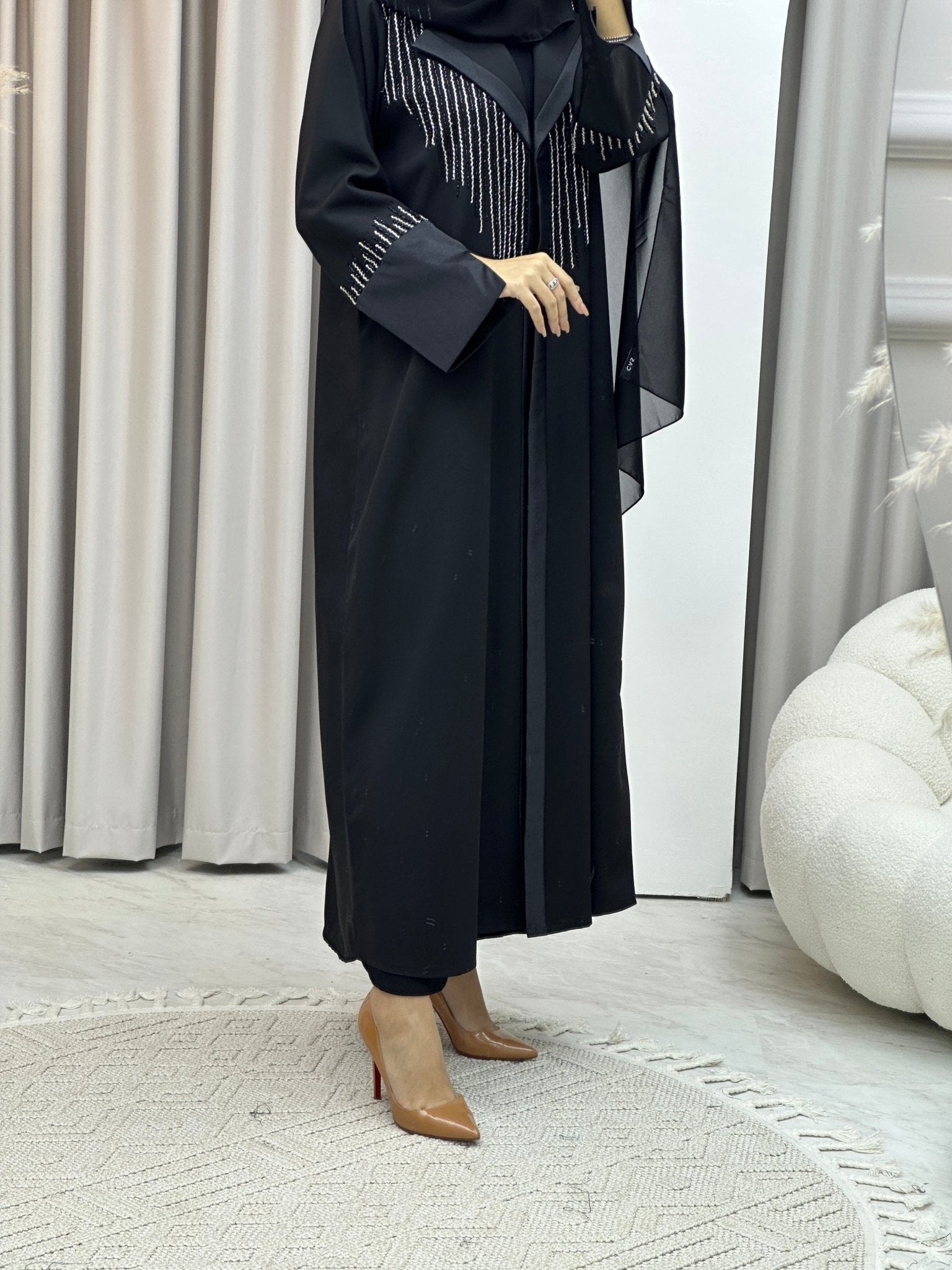 C Coat Black Silver Abaya Set