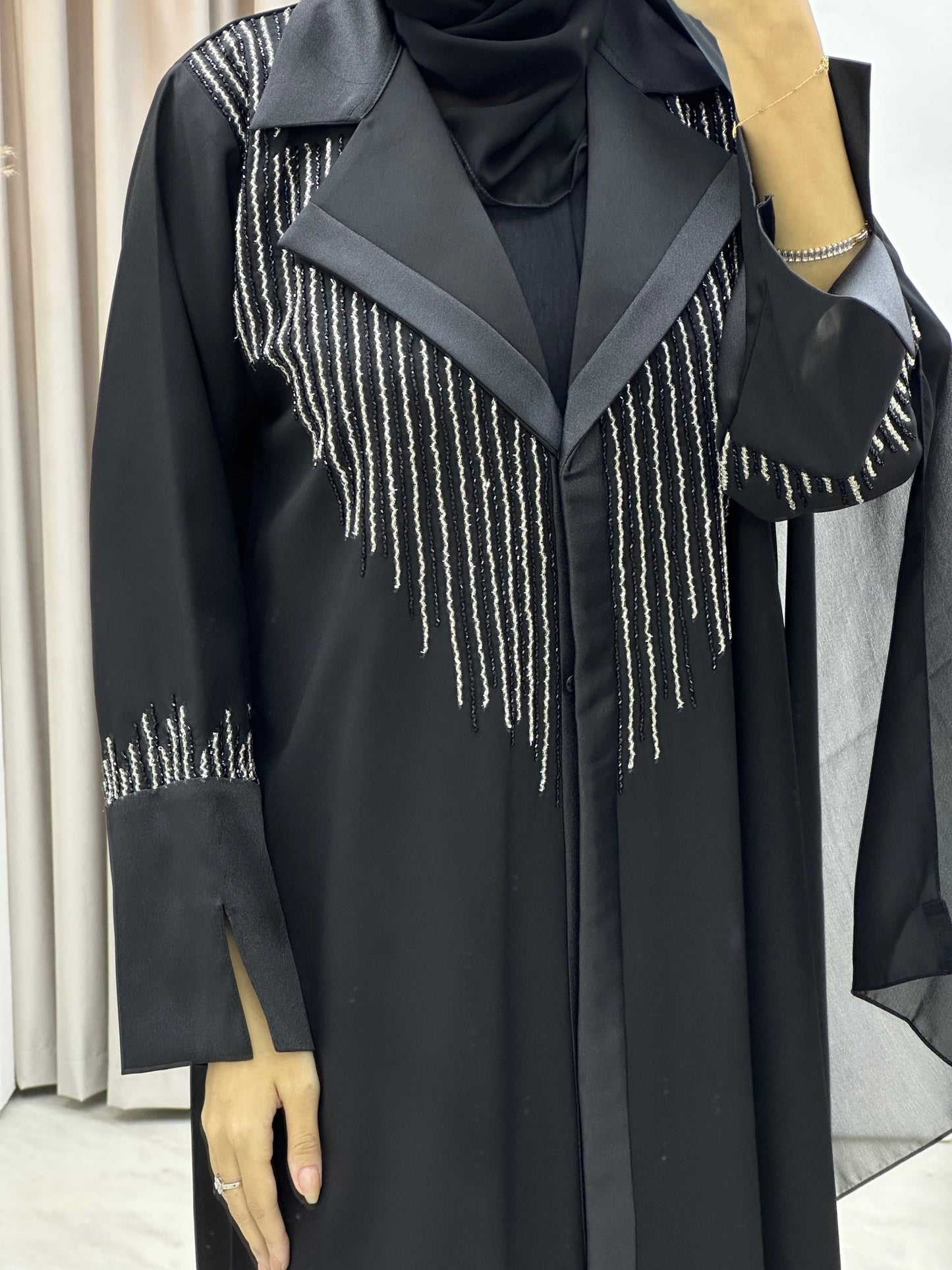 C Coat Black Silver Abaya Set