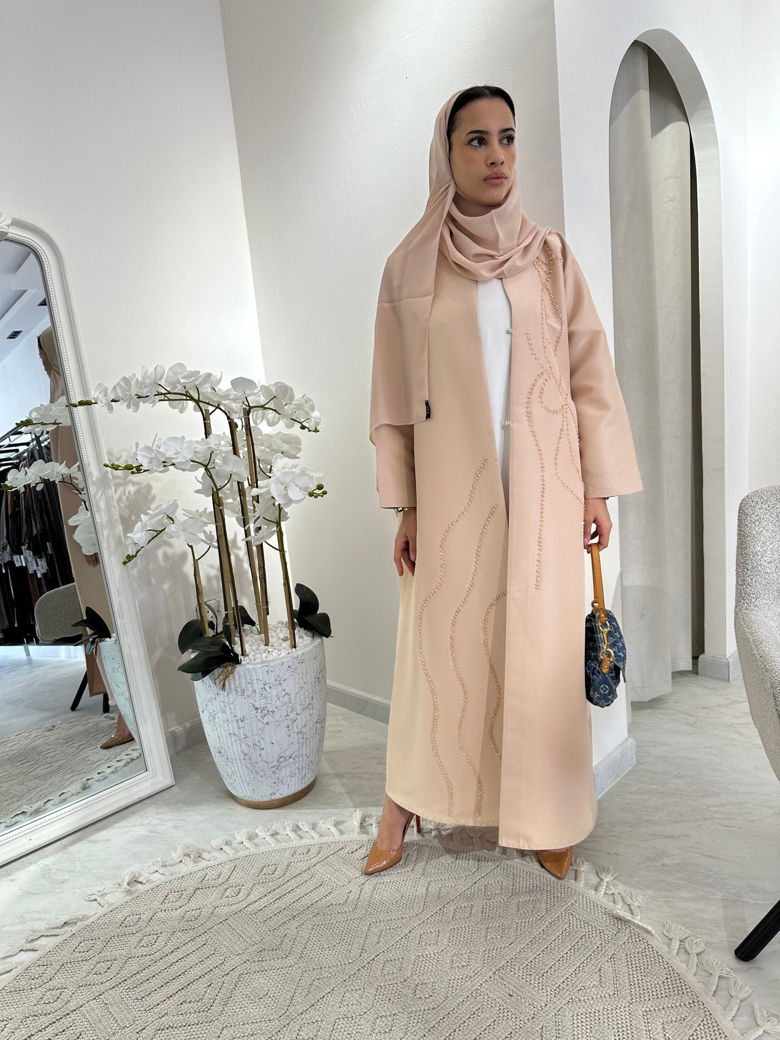 C Cream Satin Beaded Eid Abaya