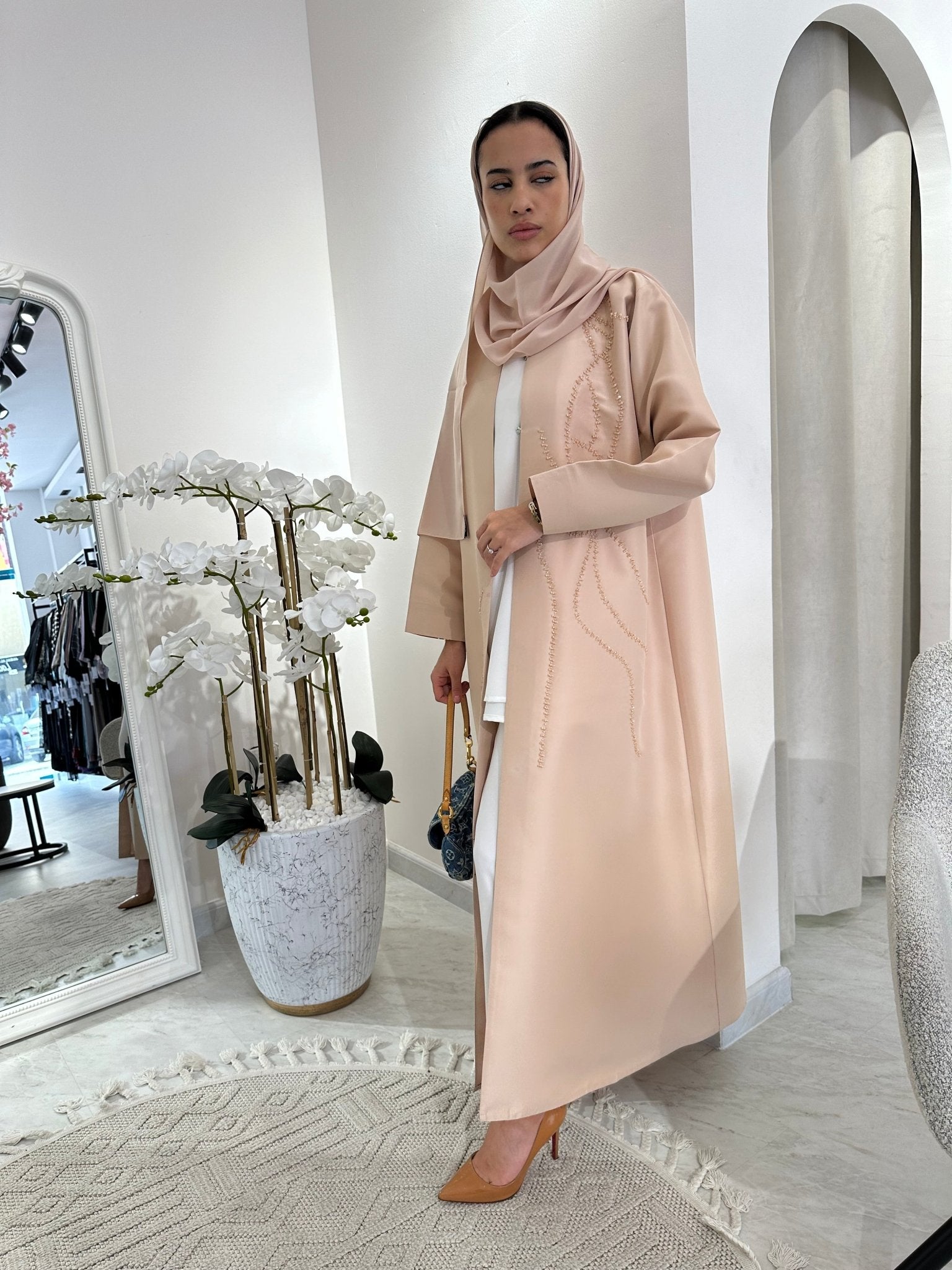 C Cream Satin Beaded Eid Abaya