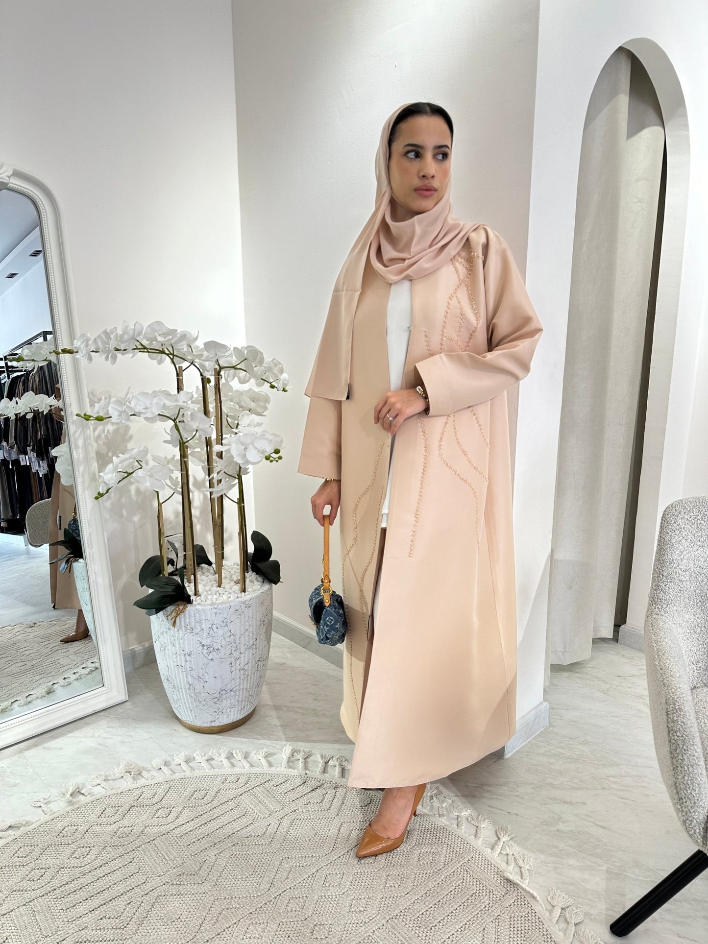 C Cream Satin Beaded Eid Abaya