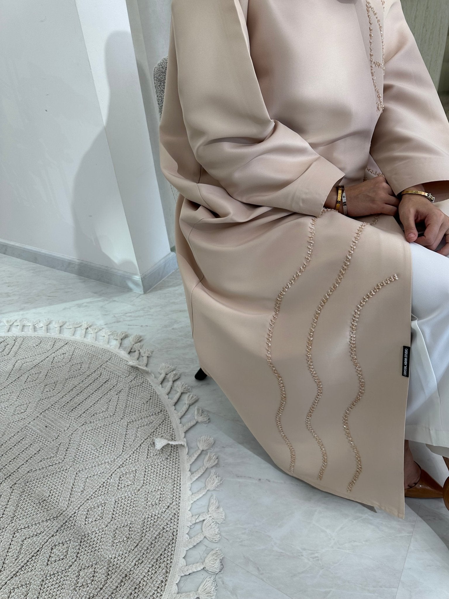 C Cream Satin Beaded Eid Abaya