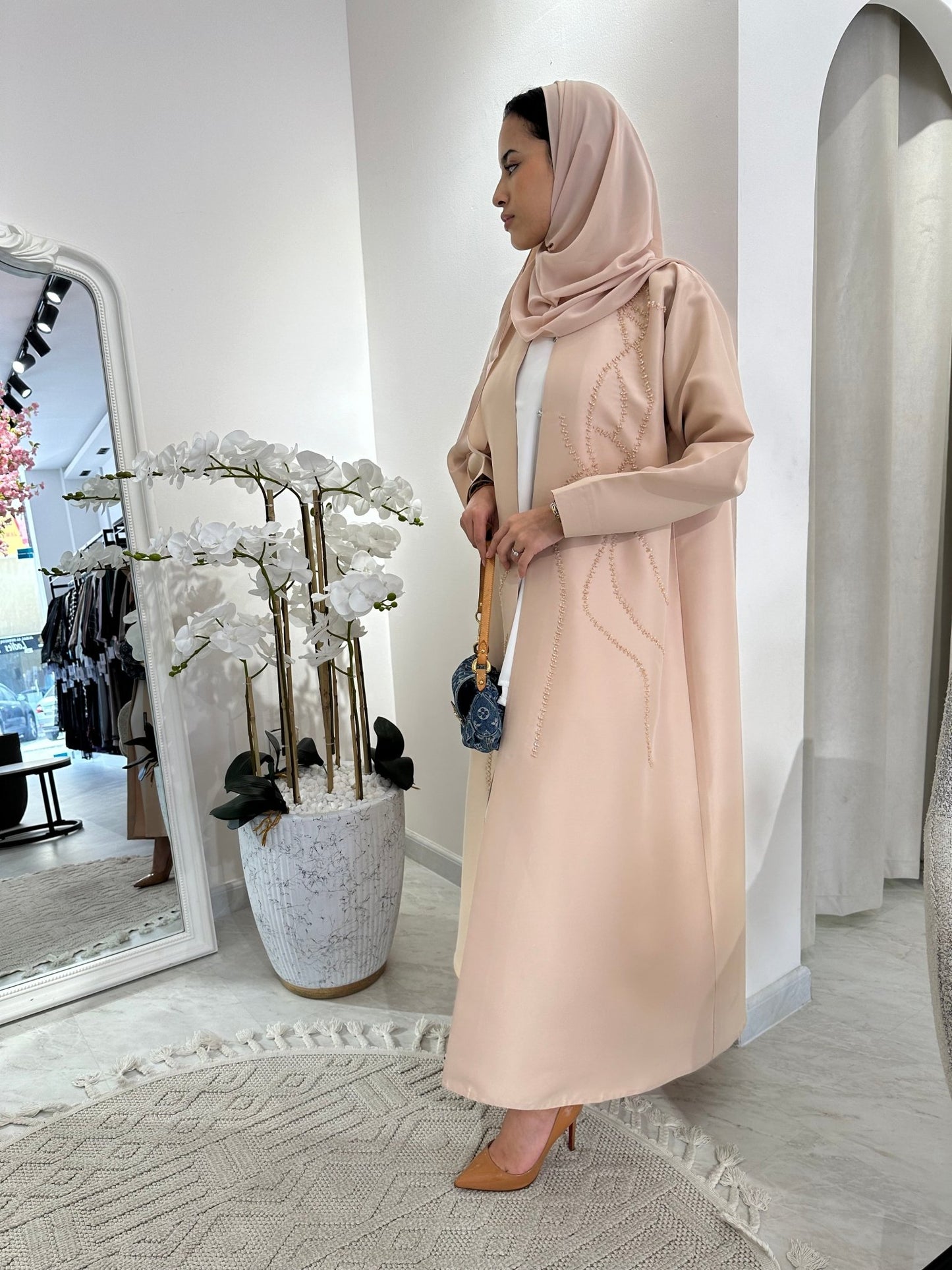 C Cream Satin Beaded Eid Abaya