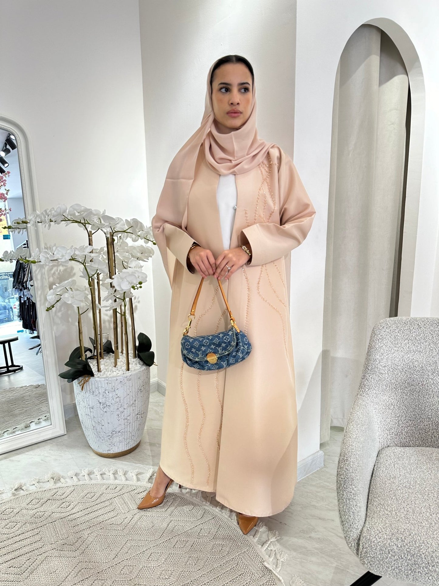 C Cream Satin Beaded Eid Abaya