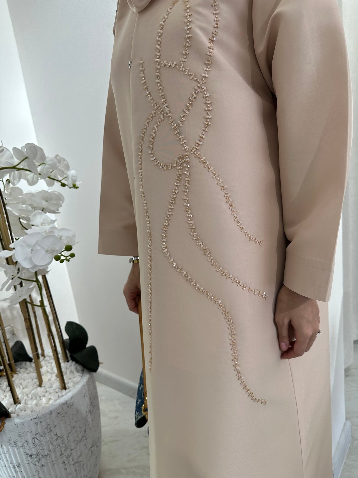 C Cream Satin Beaded Eid Abaya