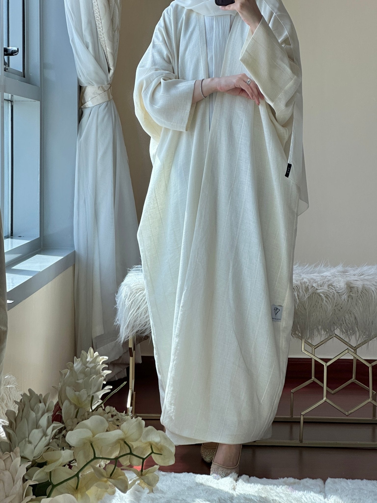 C - Cream - Summer - Linen - Bisht - Abaya - Set