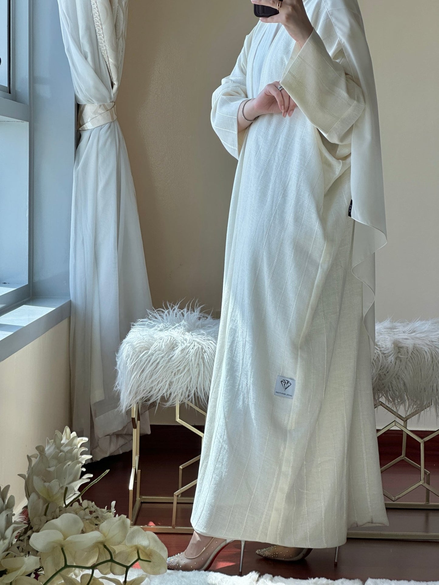 C - Cream - Summer - Linen - Bisht - Abaya - Set