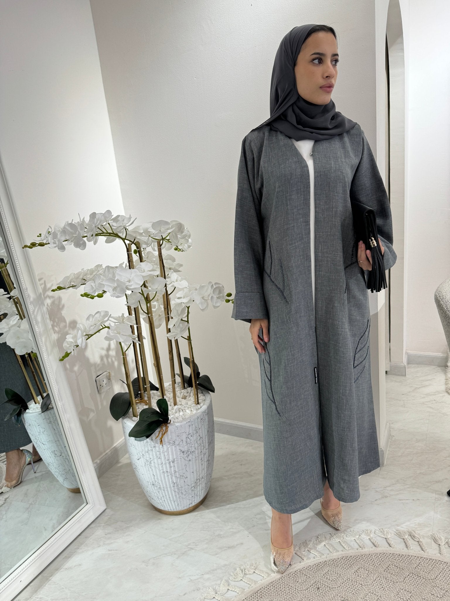 C Dark Grey Summer Linen Eid Abaya