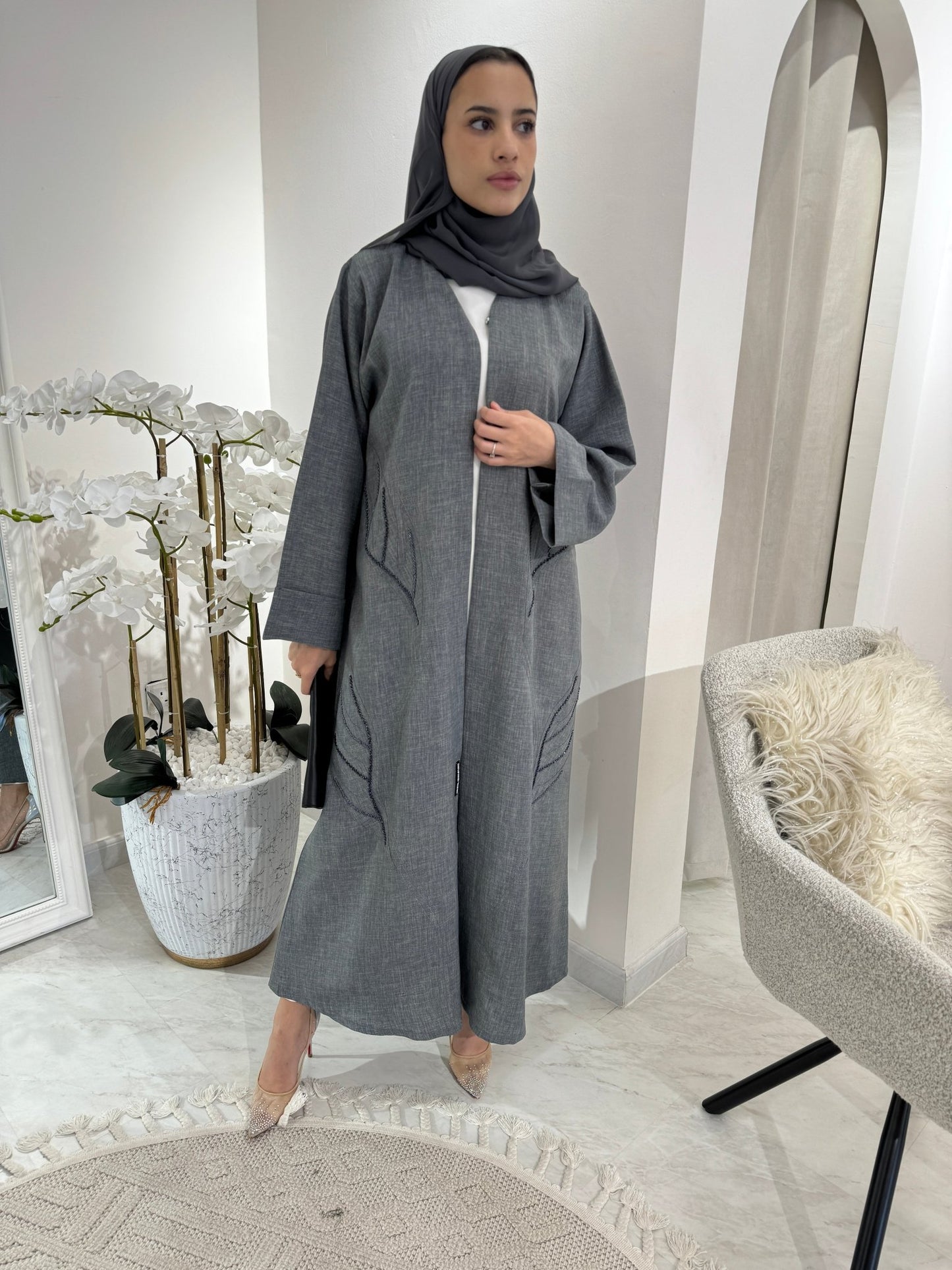 C Dark Grey Summer Linen Eid Abaya