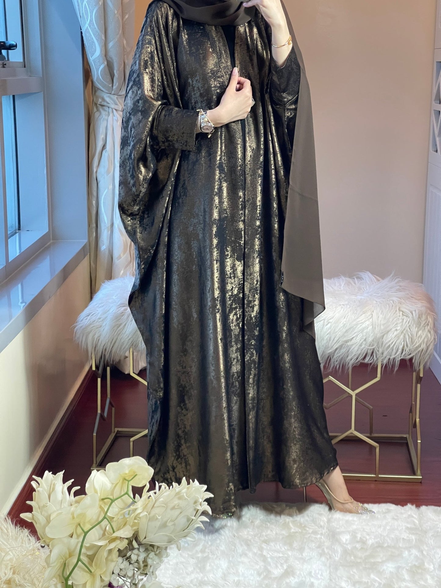 C - DarkBrown - Shimmer - Bisht - Abaya