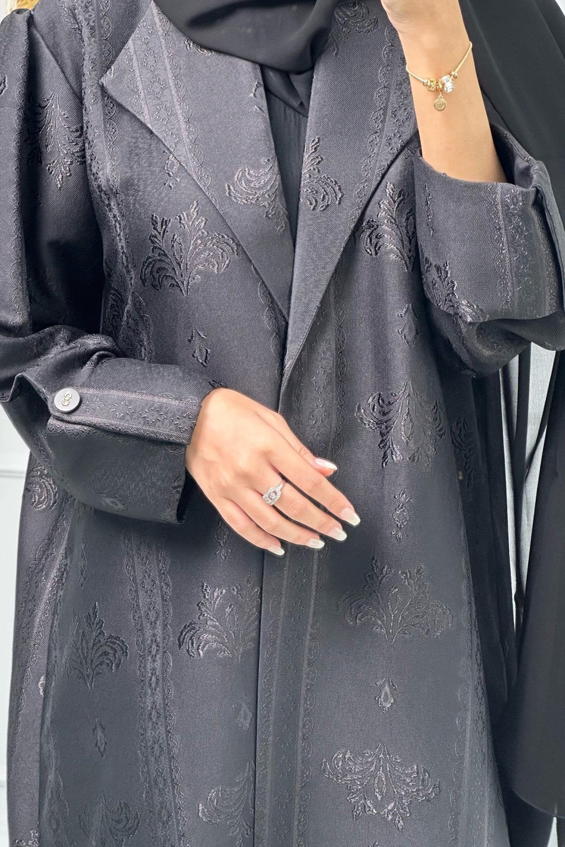 C Floral Print Jacquard Coat Abaya Set 02