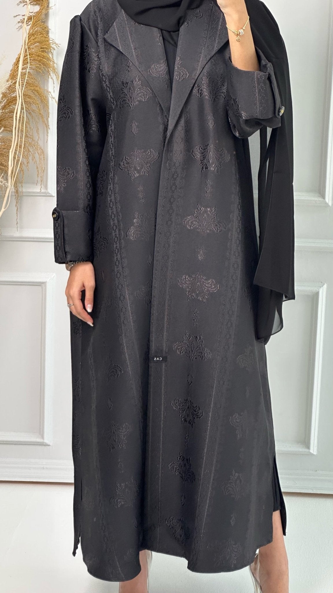 C Floral Print Jacquard Coat Abaya Set 02