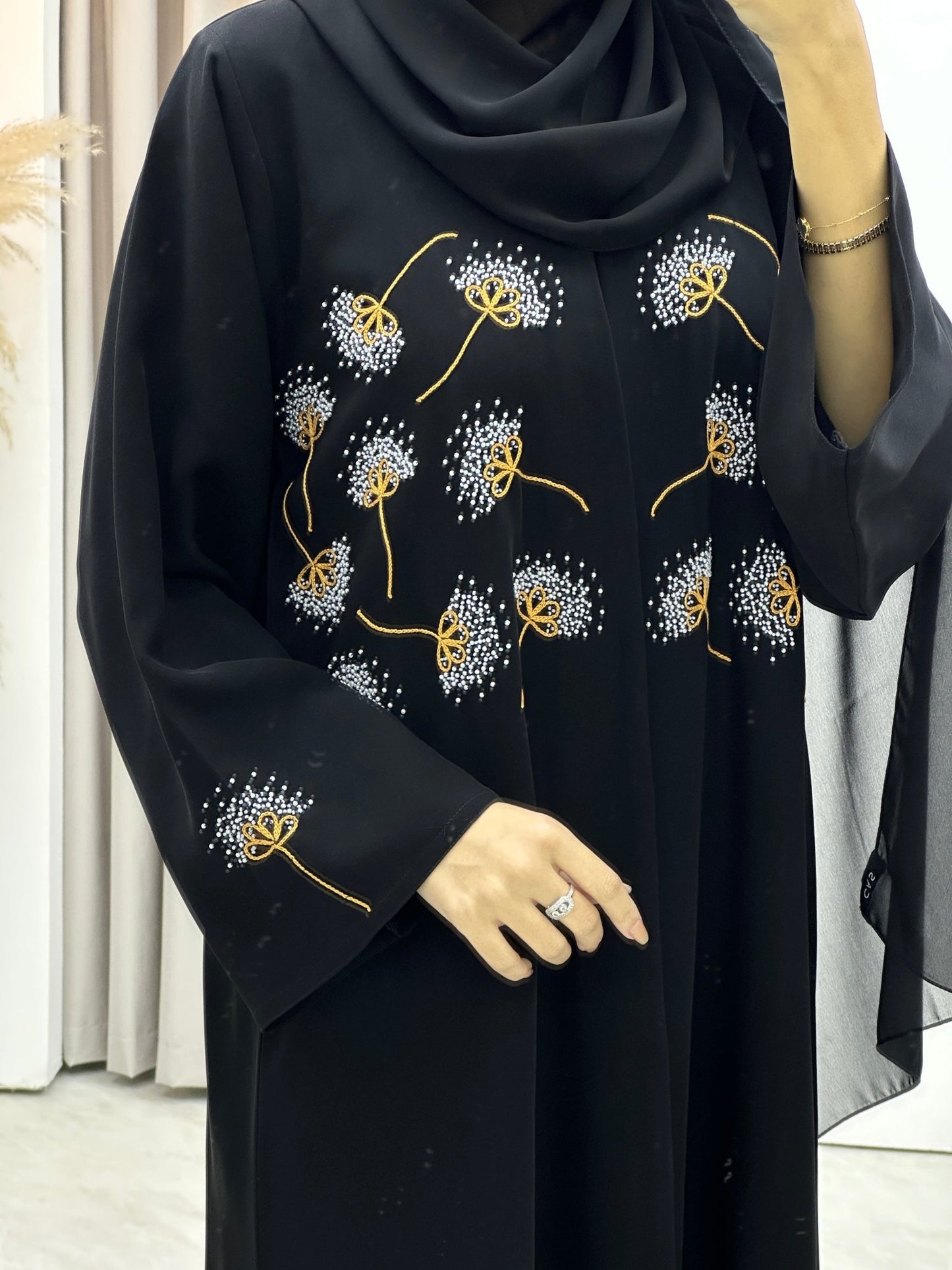 C Flower Embroidery Black Abaya Set