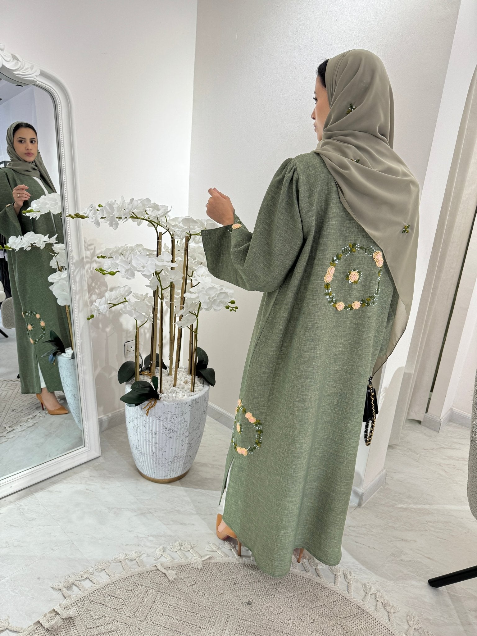 C Green Floral Linen Embroidery Eid Abaya Set