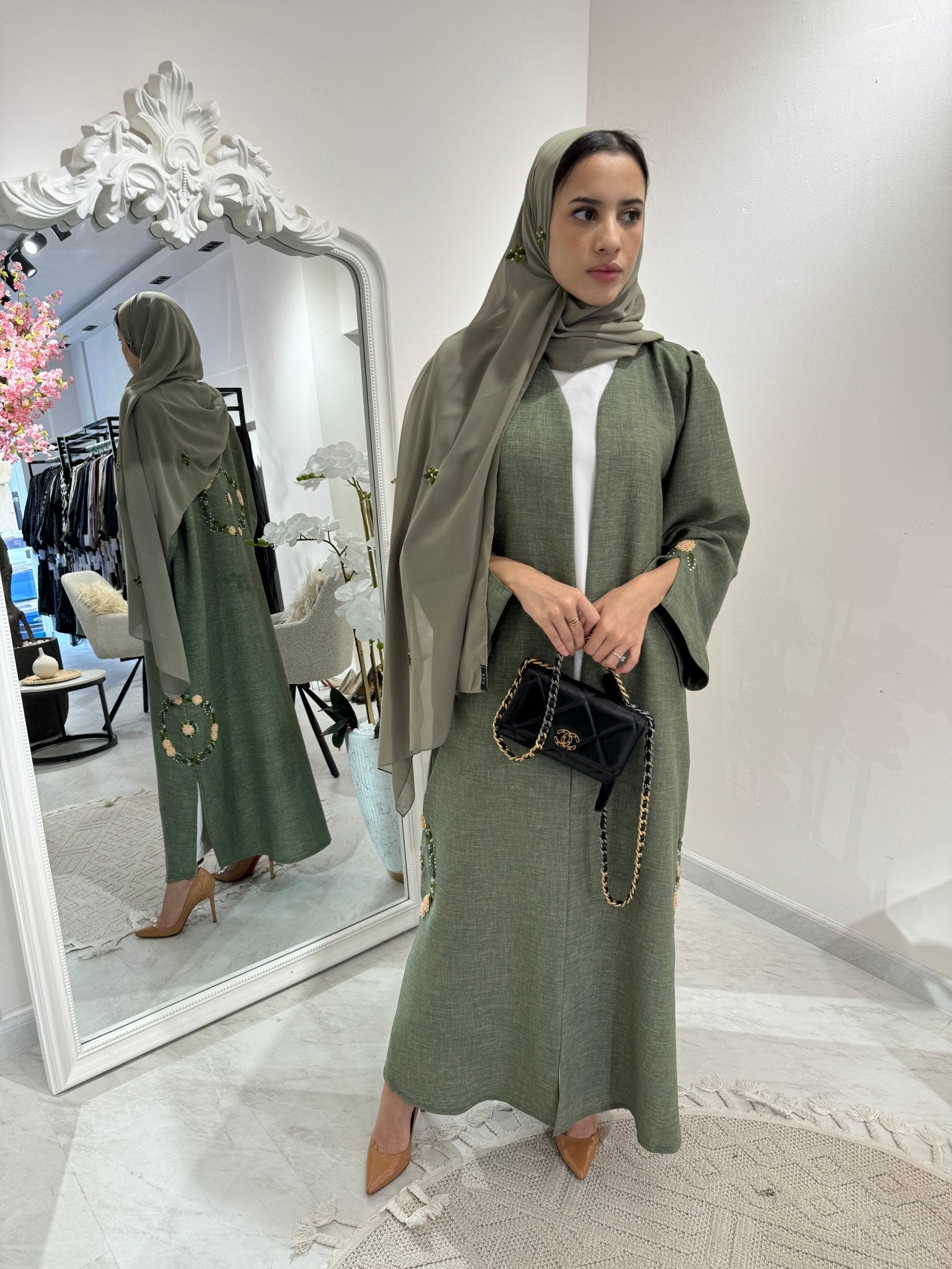 C Green Floral Linen Embroidery Eid Abaya Set