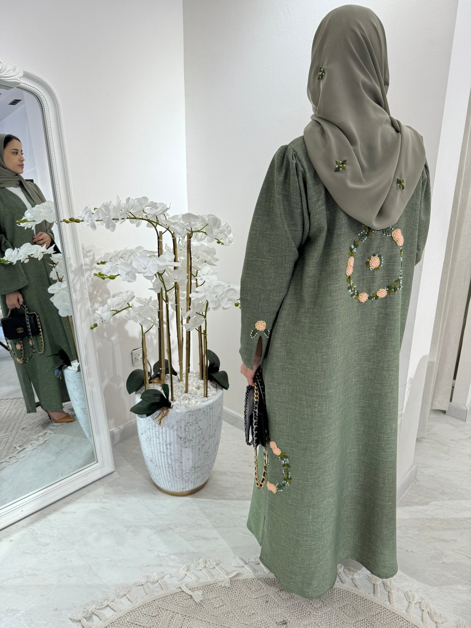 C Green Floral Linen Embroidery Eid Abaya Set