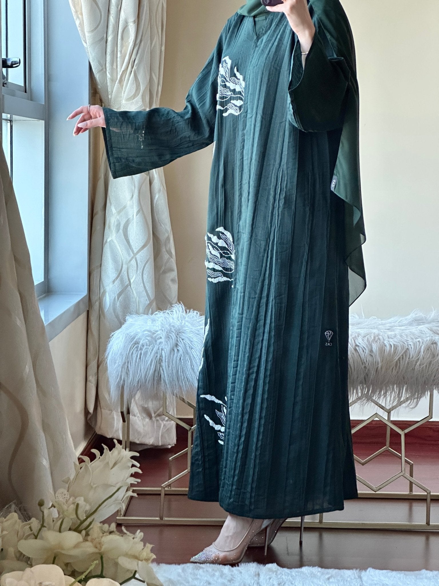 C - Green - Linen - Evening - Abaya - Set - 43