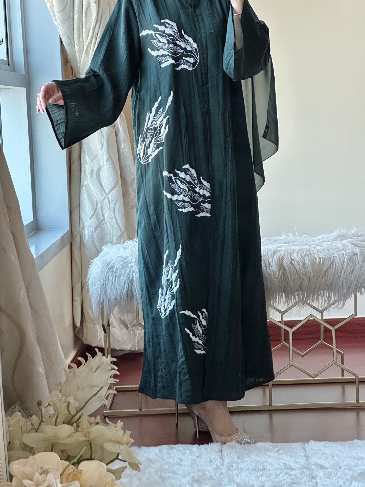 C - Green - Linen - Evening - Abaya - Set - 43