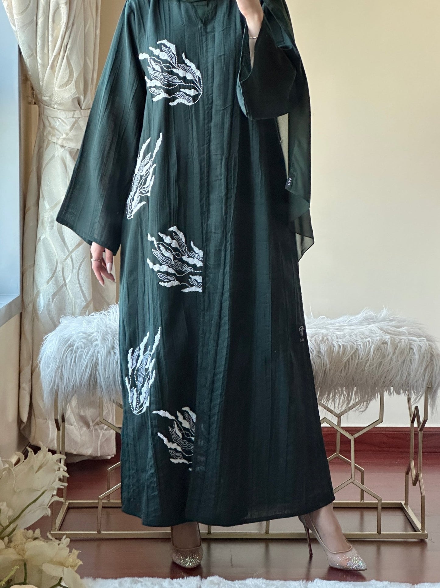 C - Green - Linen - Evening - Abaya - Set - 43