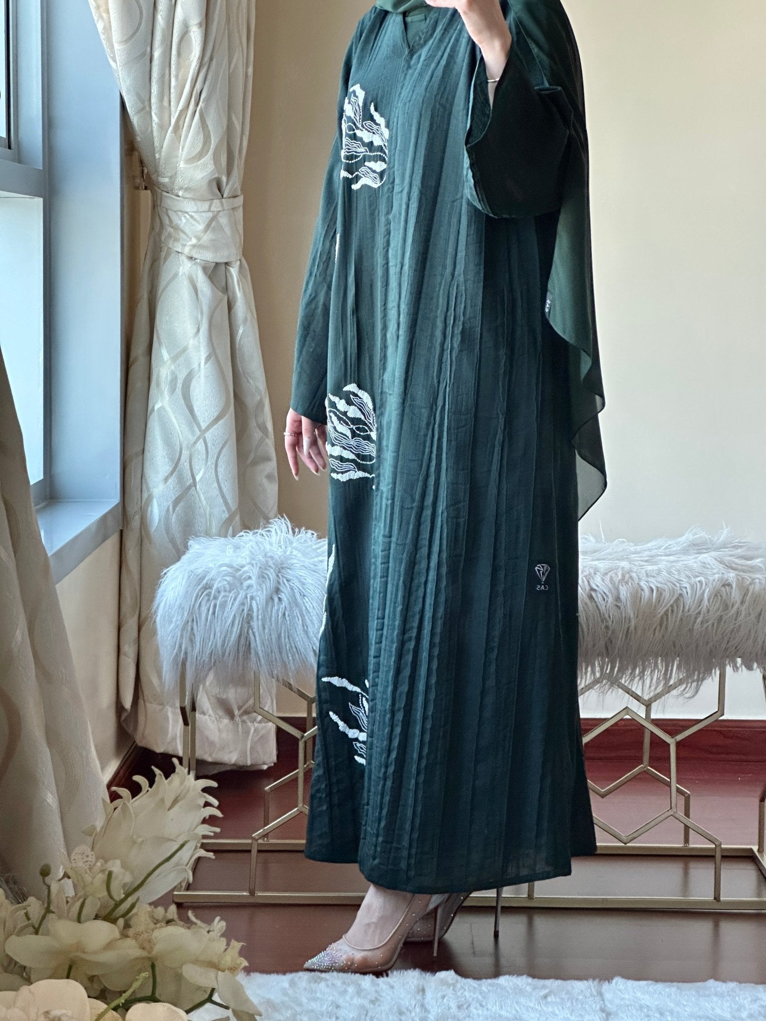 C - Green - Linen - Evening - Abaya - Set - 43