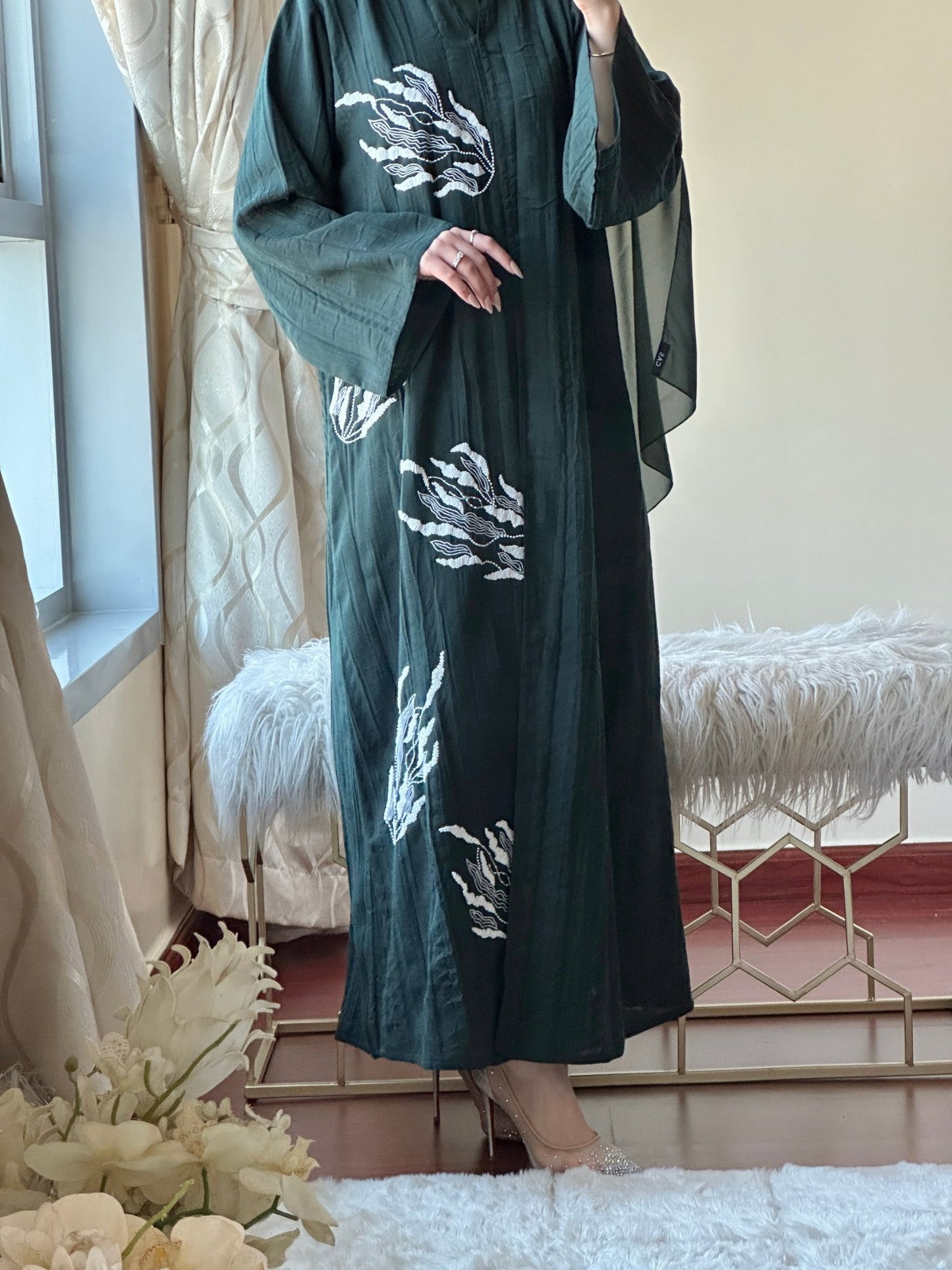 C - Green - Linen - Evening - Abaya - Set - 43