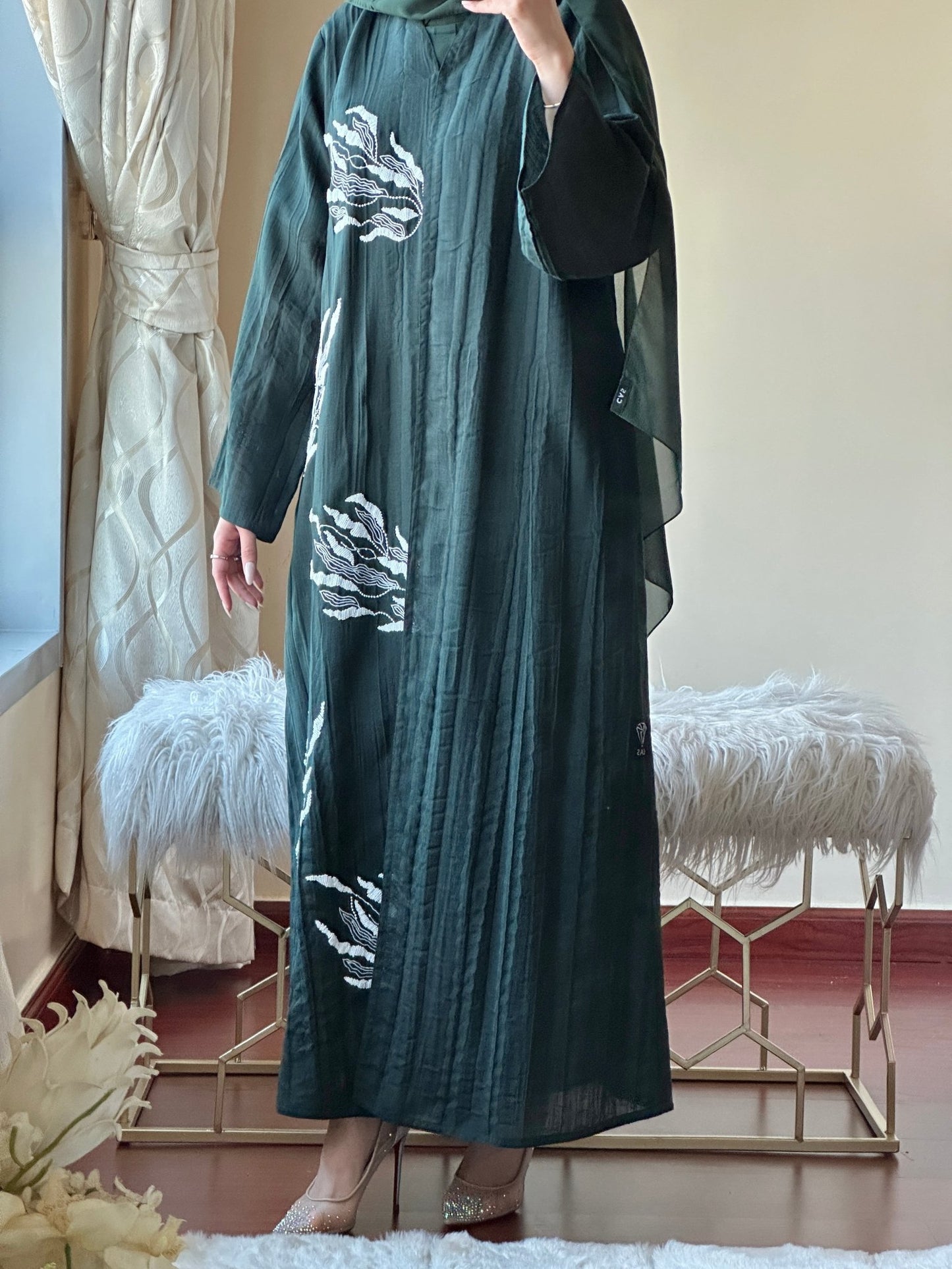 C - Green - Linen - Evening - Abaya - Set - 43