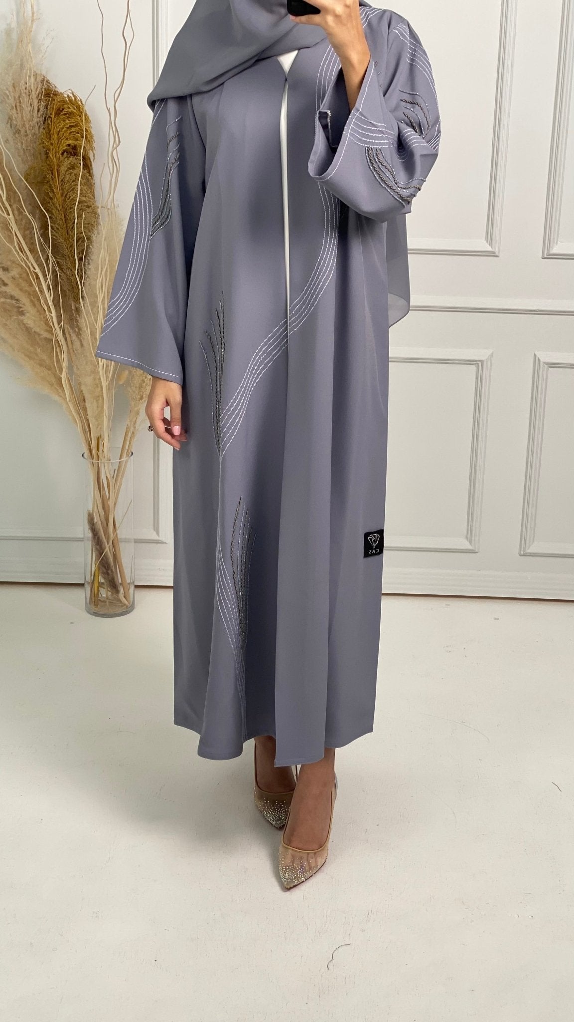 C Grey Crepe Embroidery Abaya