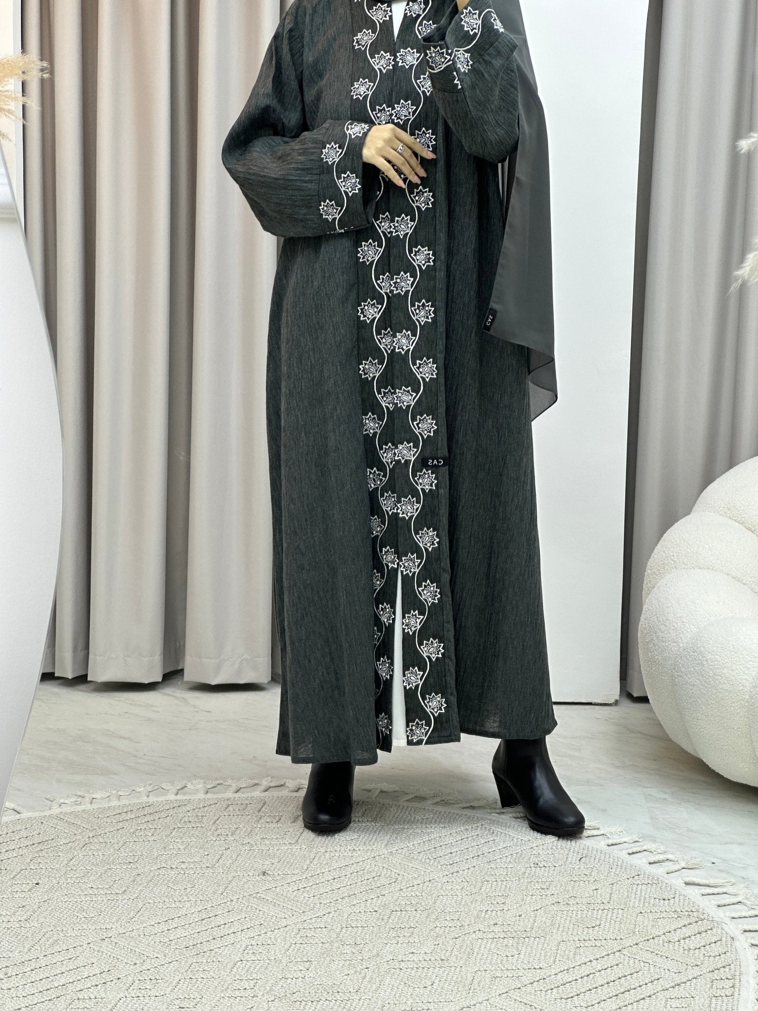 C Grey Embroidery Linen Abaya